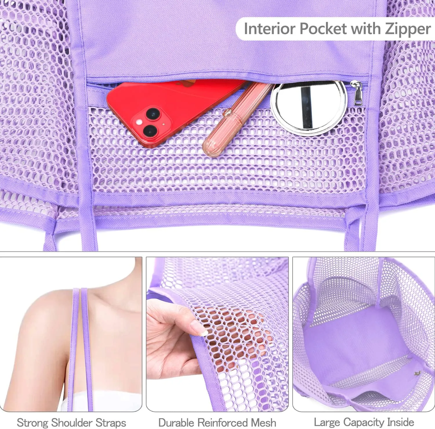 Ayieyill Mesh Beach Bag Tote Bag for Women, Foldable Swim Large Beach Tote Bag with Zipper Pockets Waterproof Sandproof