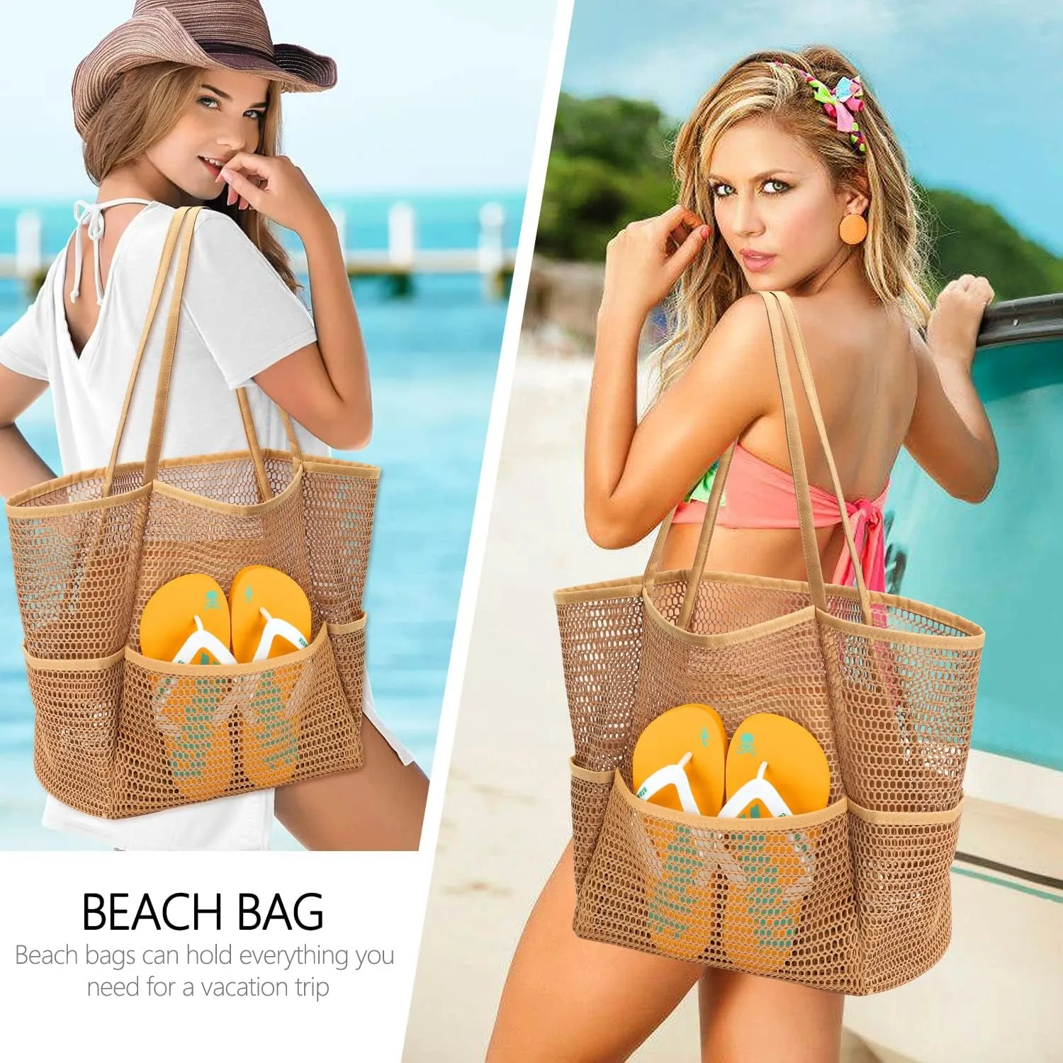 Ayieyill Mesh Beach Bag Tote Bag for Women, Foldable Swim Large Beach Tote Bag with Zipper Pockets Waterproof Sandproof