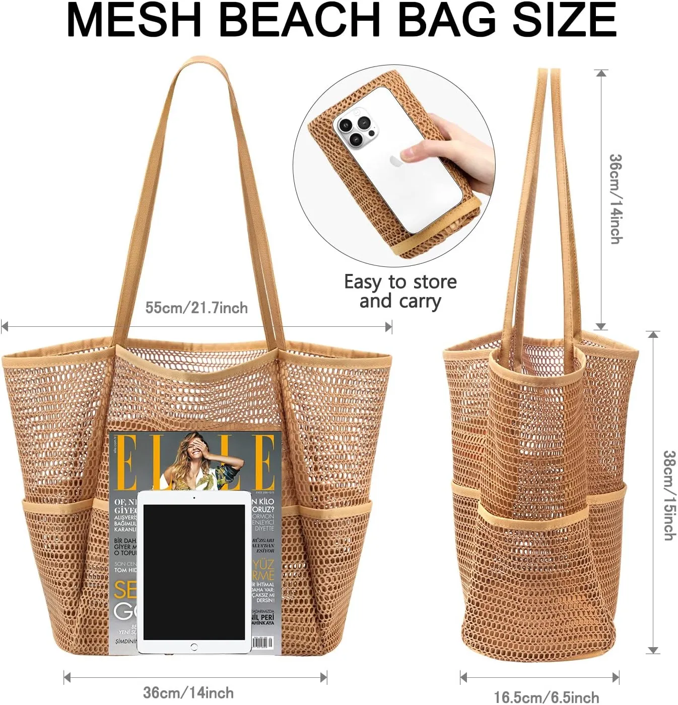Ayieyill Mesh Beach Bag Tote Bag for Women, Foldable Swim Large Beach Tote Bag with Zipper Pockets Waterproof Sandproof