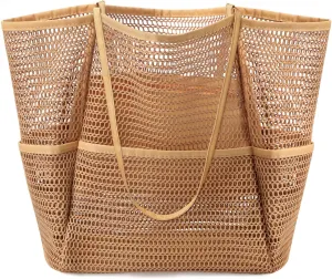 Ayieyill Mesh Beach Bag Tote Bag for Women, Foldable Swim Large Beach Tote Bag with Zipper Pockets Waterproof Sandproof