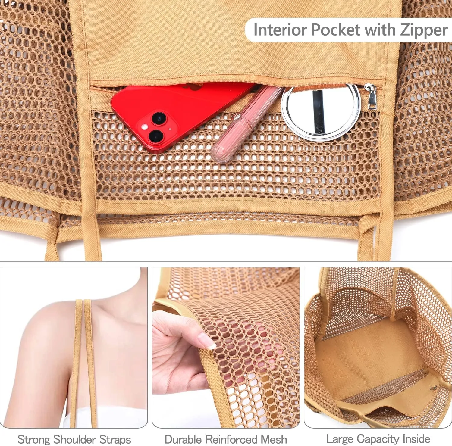 Ayieyill Mesh Beach Bag Tote Bag for Women, Foldable Swim Large Beach Tote Bag with Zipper Pockets Waterproof Sandproof