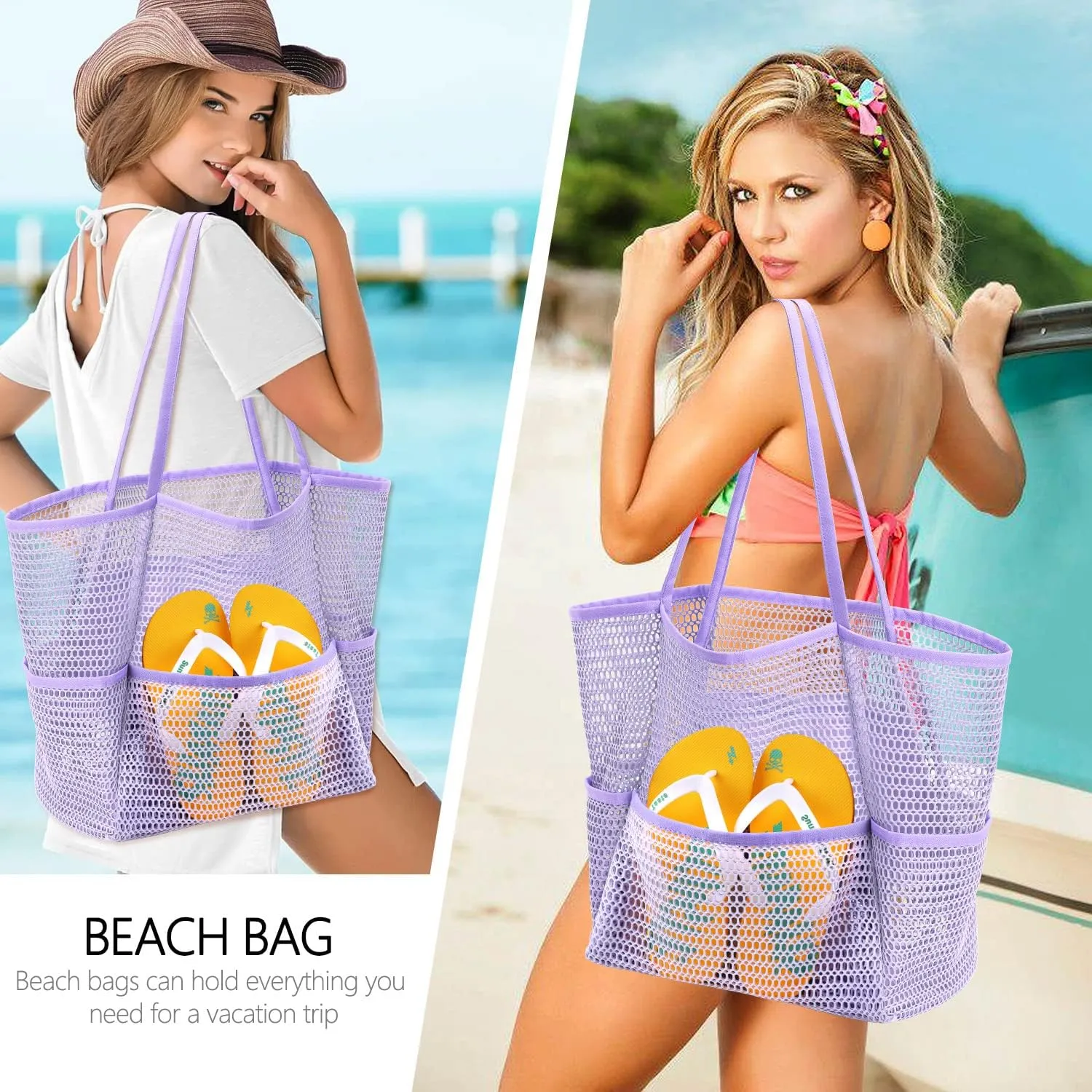 Ayieyill Mesh Beach Bag Tote Bag for Women, Foldable Swim Large Beach Tote Bag with Zipper Pockets Waterproof Sandproof