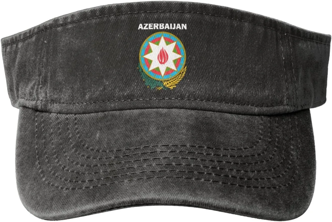 Azerbaijan Coat of Arms Flag Washed Denim Visor Hat for Men & Women, Adjustable Sun Cap with UV Protection