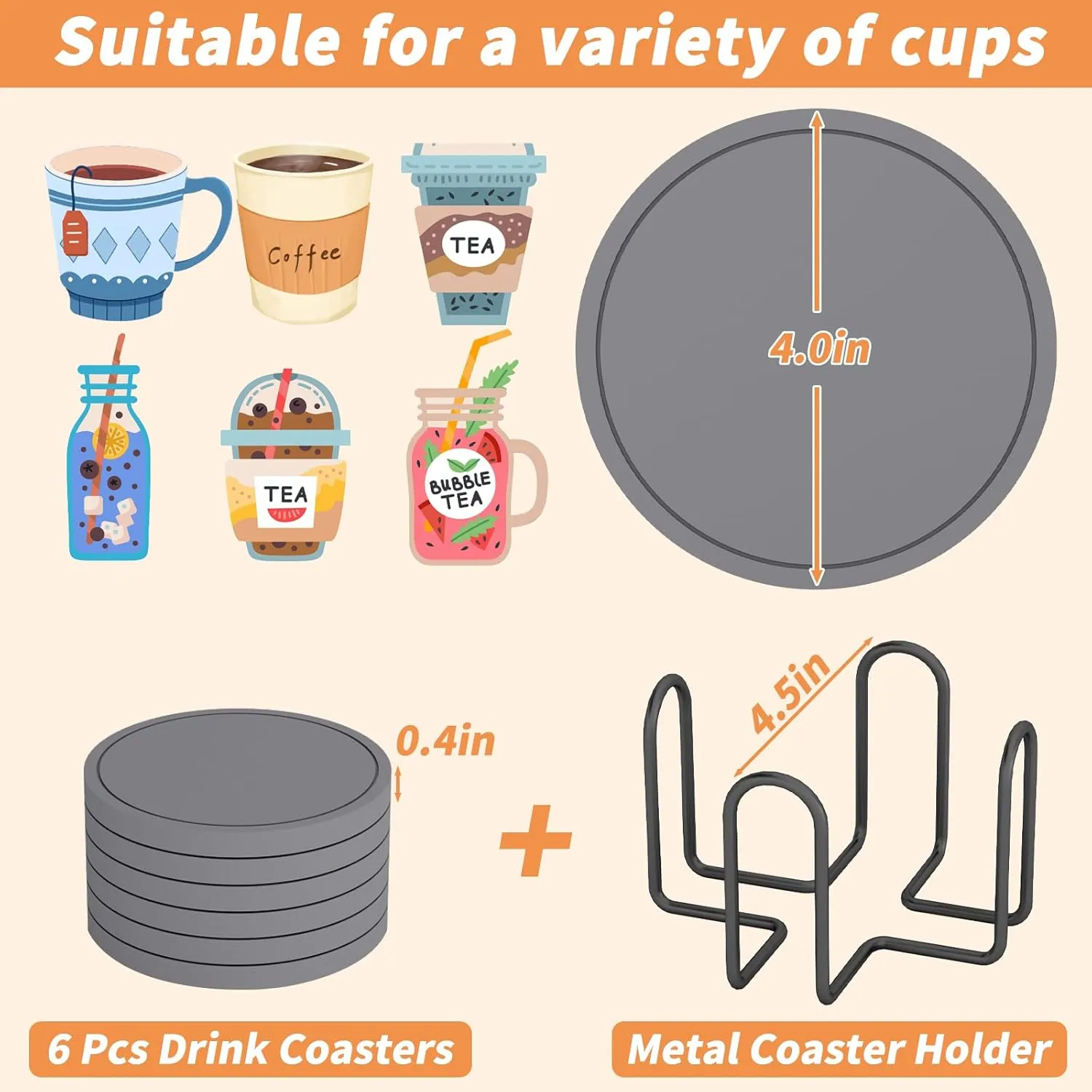Azhou 6Pcs Diatomaceous Earth Coasters with Holder, Grey Absorbent Coasters for Drinks, Non-Slip with Velvet Bottom, Thick Heavy Duty 4 inch Ceramic Tiles for Crafts, Home Decor Coffee Bar Accessories
