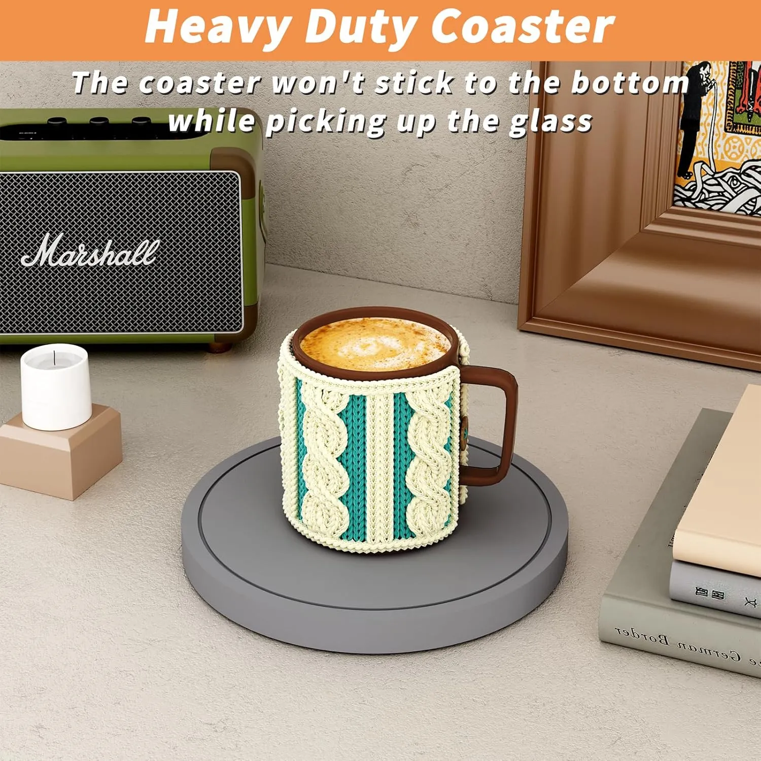 Azhou 6Pcs Diatomaceous Earth Coasters with Holder, Grey Absorbent Coasters for Drinks, Non-Slip with Velvet Bottom, Thick Heavy Duty 4 inch Ceramic Tiles for Crafts, Home Decor Coffee Bar Accessories