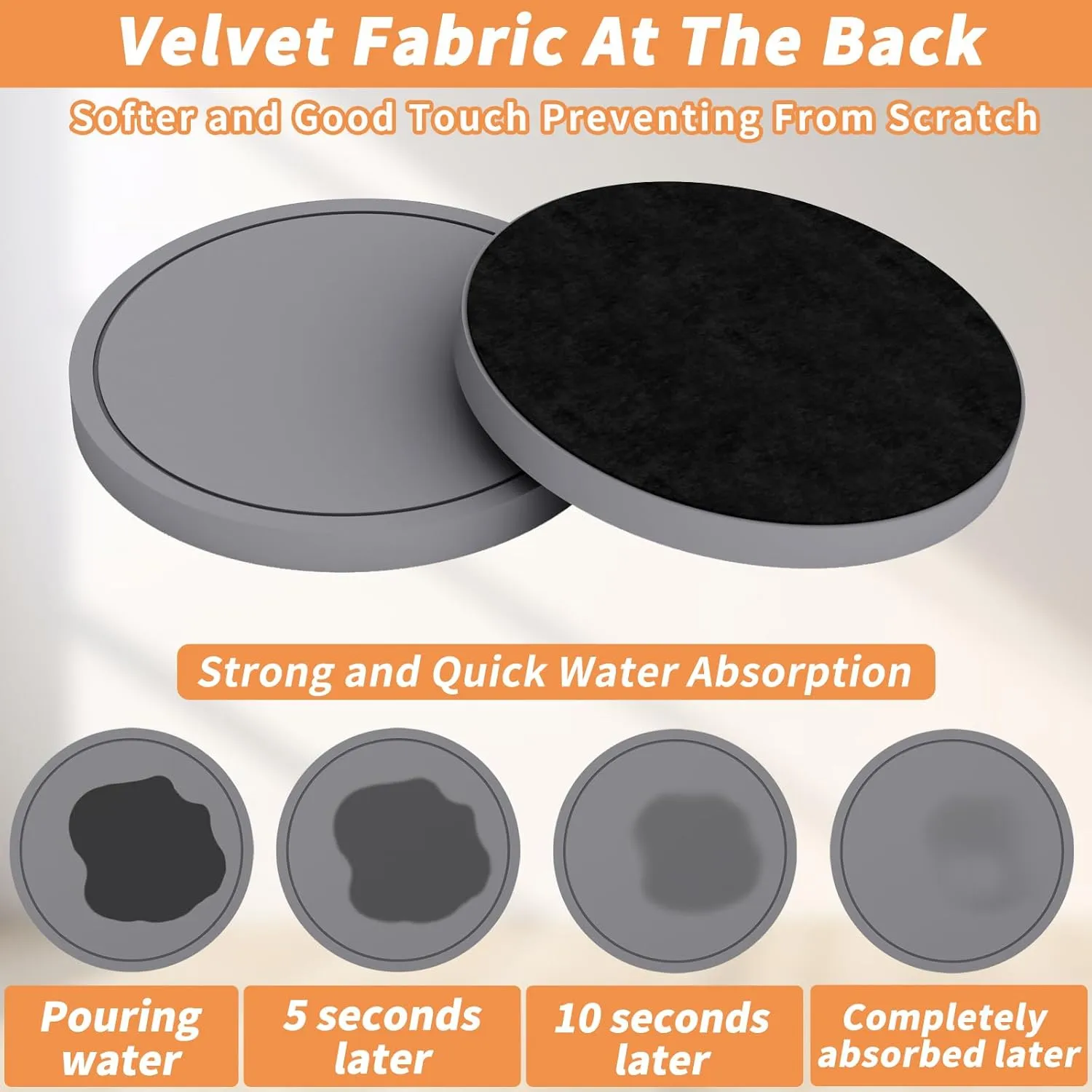 Azhou 6Pcs Diatomaceous Earth Coasters with Holder, Grey Absorbent Coasters for Drinks, Non-Slip with Velvet Bottom, Thick Heavy Duty 4 inch Ceramic Tiles for Crafts, Home Decor Coffee Bar Accessories