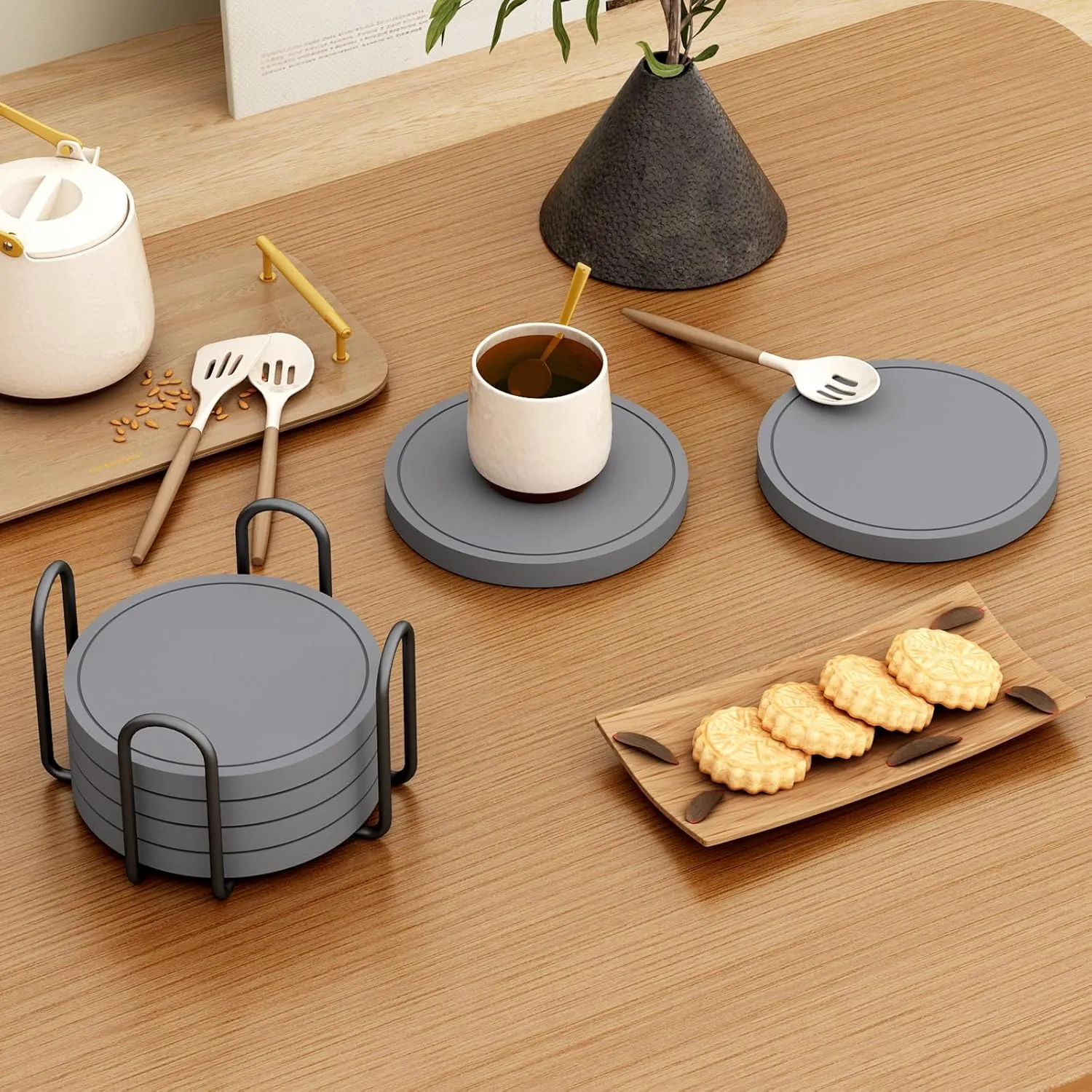 Azhou 6Pcs Diatomaceous Earth Coasters with Holder, Grey Absorbent Coasters for Drinks, Non-Slip with Velvet Bottom, Thick Heavy Duty 4 inch Ceramic Tiles for Crafts, Home Decor Coffee Bar Accessories