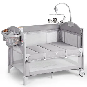 Baby Bassinets Bedside Sleeper, 4 in 1 Portable Bedside Crib w/Thickened Mattress, Diaper Changer, Storage Basket, Music Box, Carry Bag, Foldable Playard Sleeper for Newborn (Light Gray)