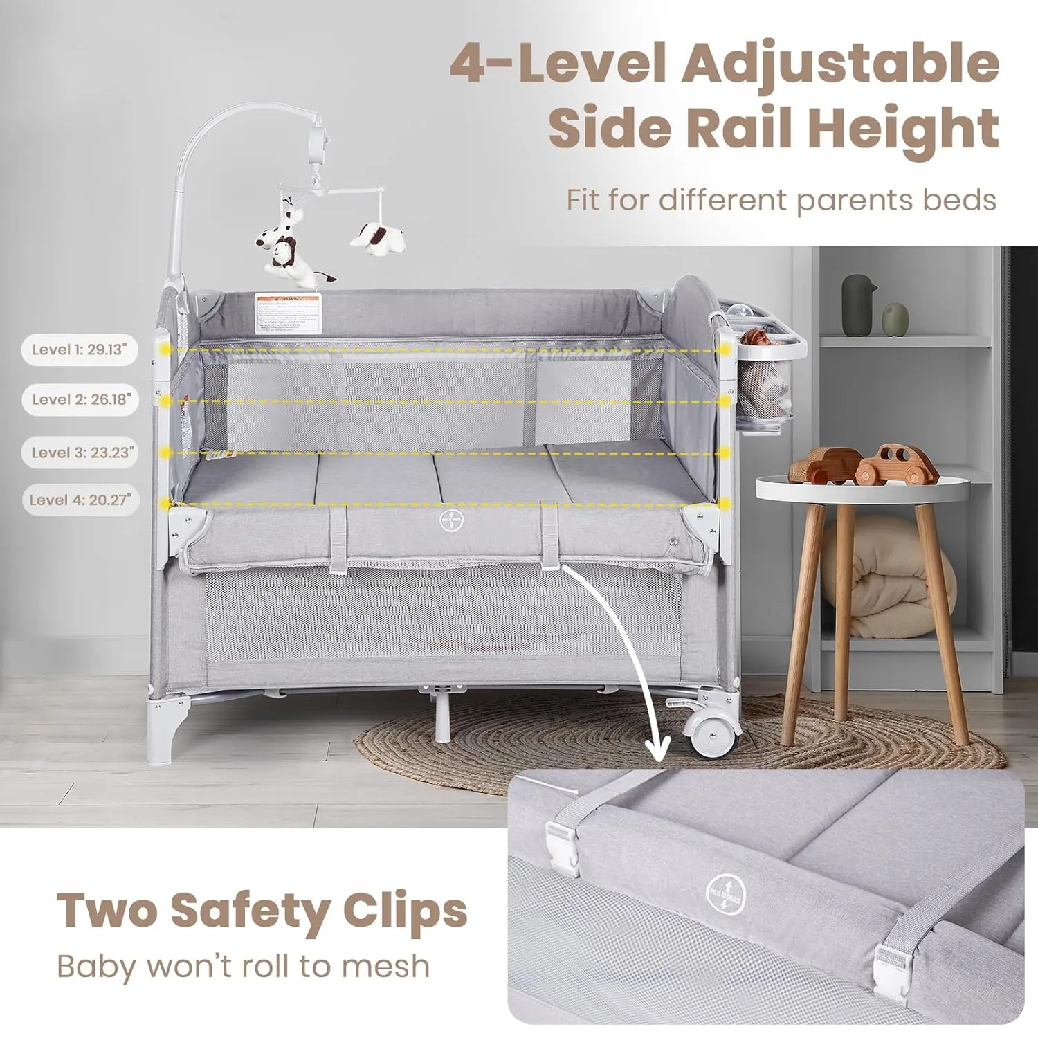 Baby Bassinets Bedside Sleeper, 4 in 1 Portable Bedside Crib w/Thickened Mattress, Diaper Changer, Storage Basket, Music Box, Carry Bag, Foldable Playard Sleeper for Newborn (Light Gray)