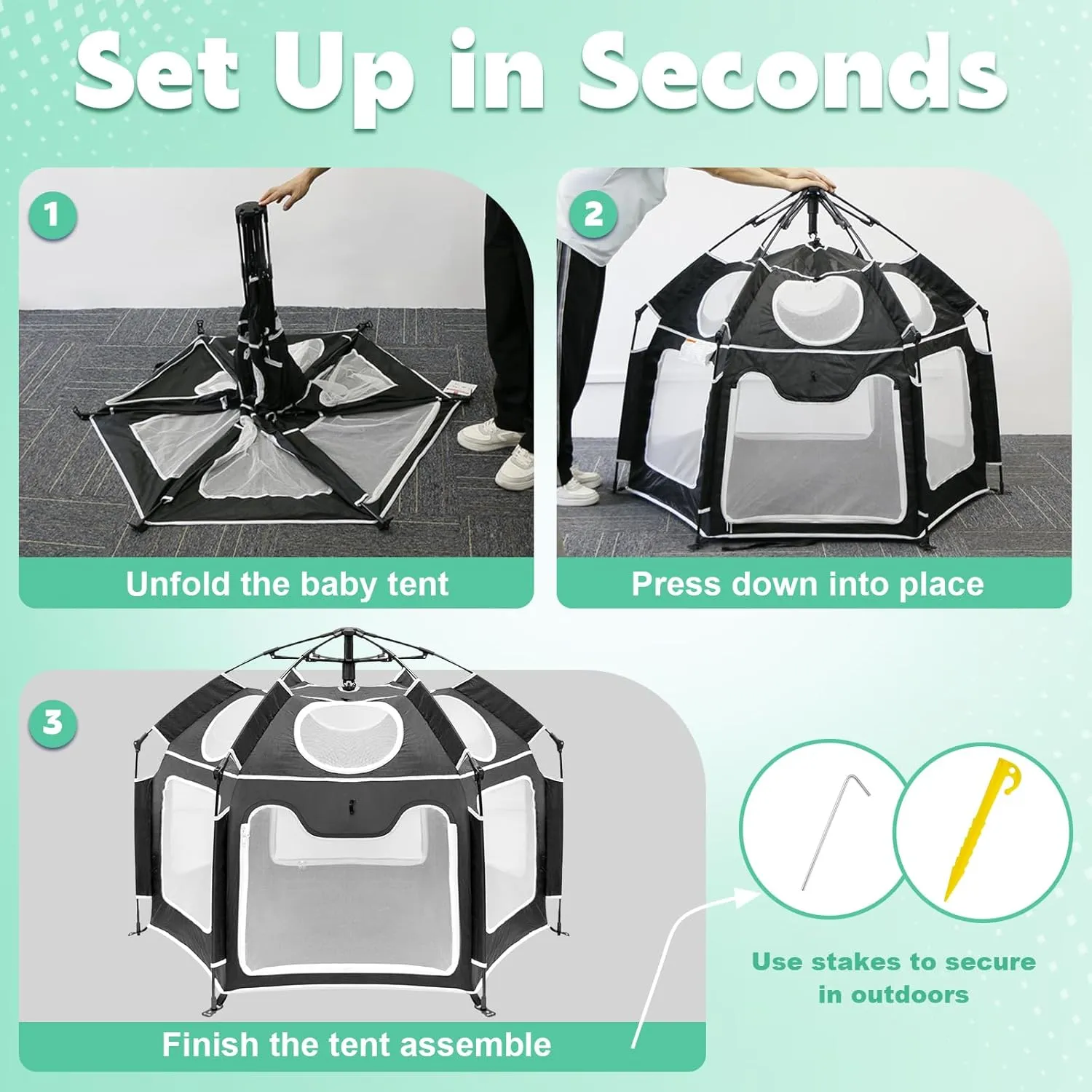 Baby Playpen with UV Canopy, Portable 1-Click Set Up Baby Tent, Toddler Play Yard for Indoor, Outdoor, Foldable Playpen for Beach, Camping, Home, Lightweight Versatile Toddler Tent, with Travel Bag