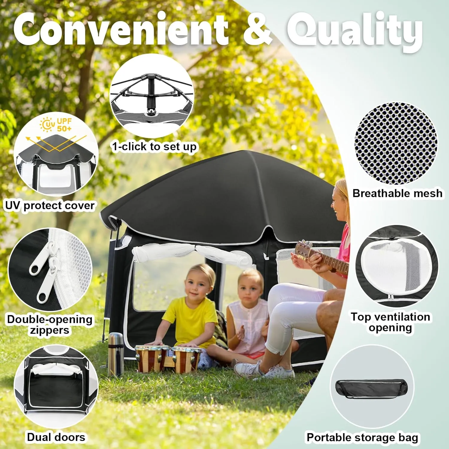Baby Playpen with UV Canopy, Portable 1-Click Set Up Baby Tent, Toddler Play Yard for Indoor, Outdoor, Foldable Playpen for Beach, Camping, Home, Lightweight Versatile Toddler Tent, with Travel Bag