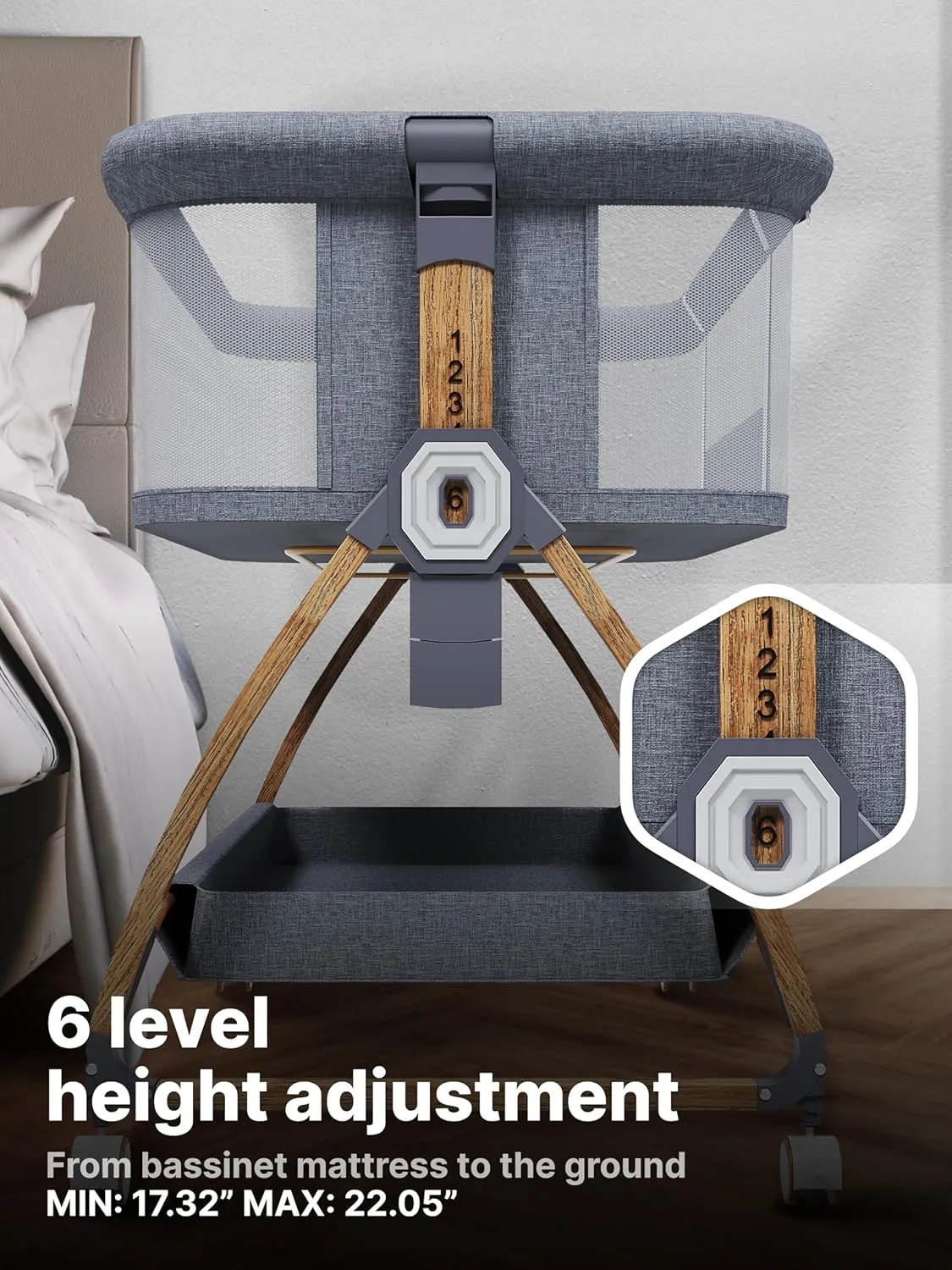 Baby Rocking Bassinet Bedside Sleeper - All Mesh Portable Bedside Crib for Safe Co-Sleeping, Storage Basket and Wheels, Adjustable Height, Includes Travel Bag, Mosquito Net (Wood Grain, Grey)
