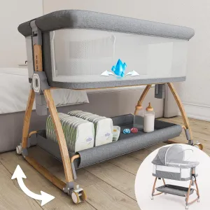 Baby Rocking Bassinet Bedside Sleeper - All Mesh Portable Bedside Crib for Safe Co-Sleeping, Storage Basket and Wheels, Adjustable Height, Includes Travel Bag, Mosquito Net (Wood Grain, Grey)
