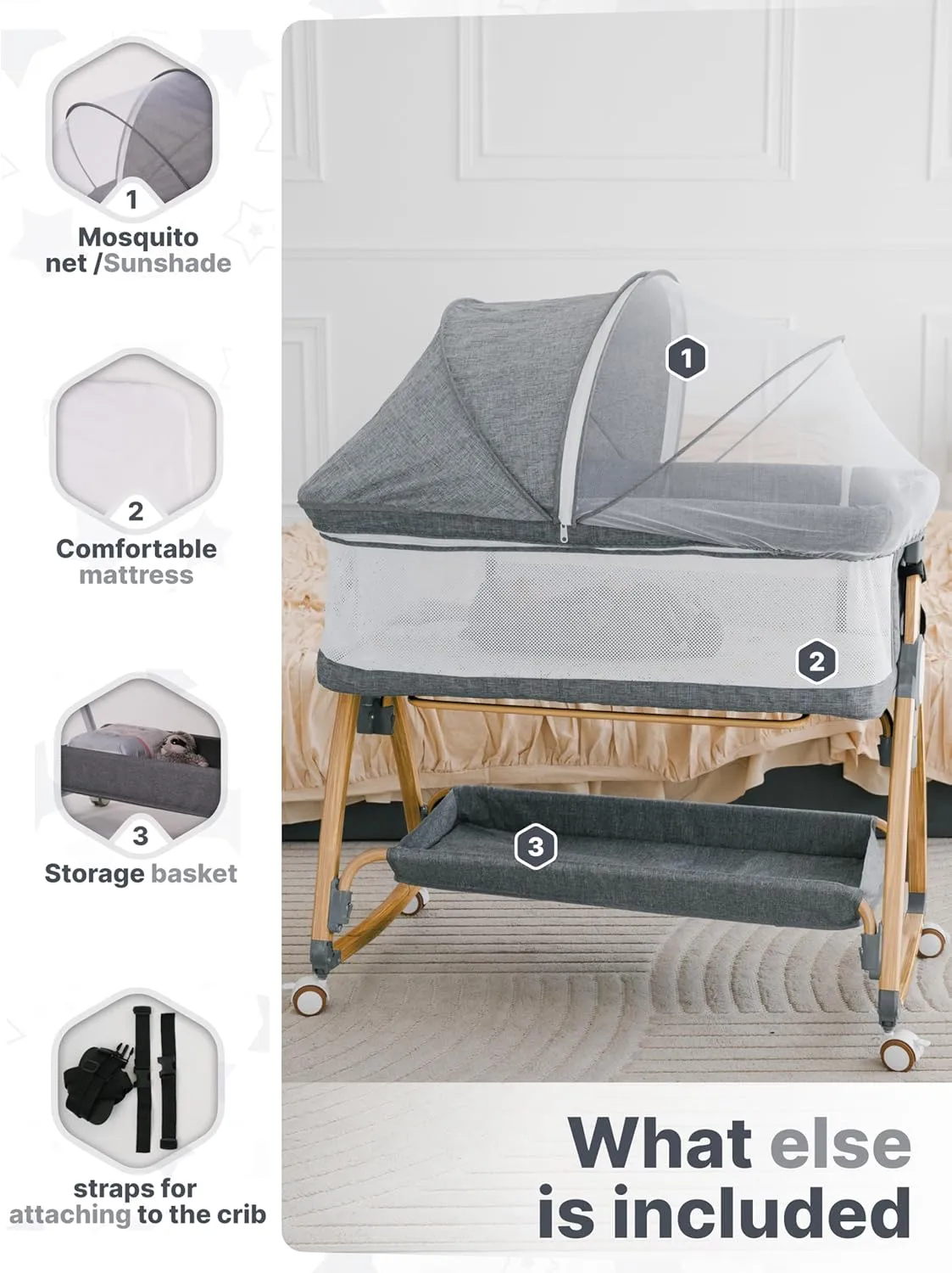 Baby Rocking Bassinet Bedside Sleeper - All Mesh Portable Bedside Crib for Safe Co-Sleeping, Storage Basket and Wheels, Adjustable Height, Includes Travel Bag, Mosquito Net (Wood Grain, Grey)