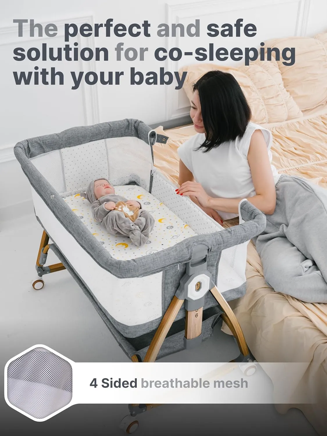 Baby Rocking Bassinet Bedside Sleeper - All Mesh Portable Bedside Crib for Safe Co-Sleeping, Storage Basket and Wheels, Adjustable Height, Includes Travel Bag, Mosquito Net (Wood Grain, Grey)