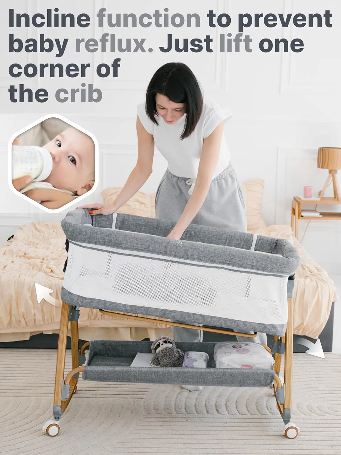 Baby Rocking Bassinet Bedside Sleeper - All Mesh Portable Bedside Crib for Safe Co-Sleeping, Storage Basket and Wheels, Adjustable Height, Includes Travel Bag, Mosquito Net (Wood Grain, Grey)