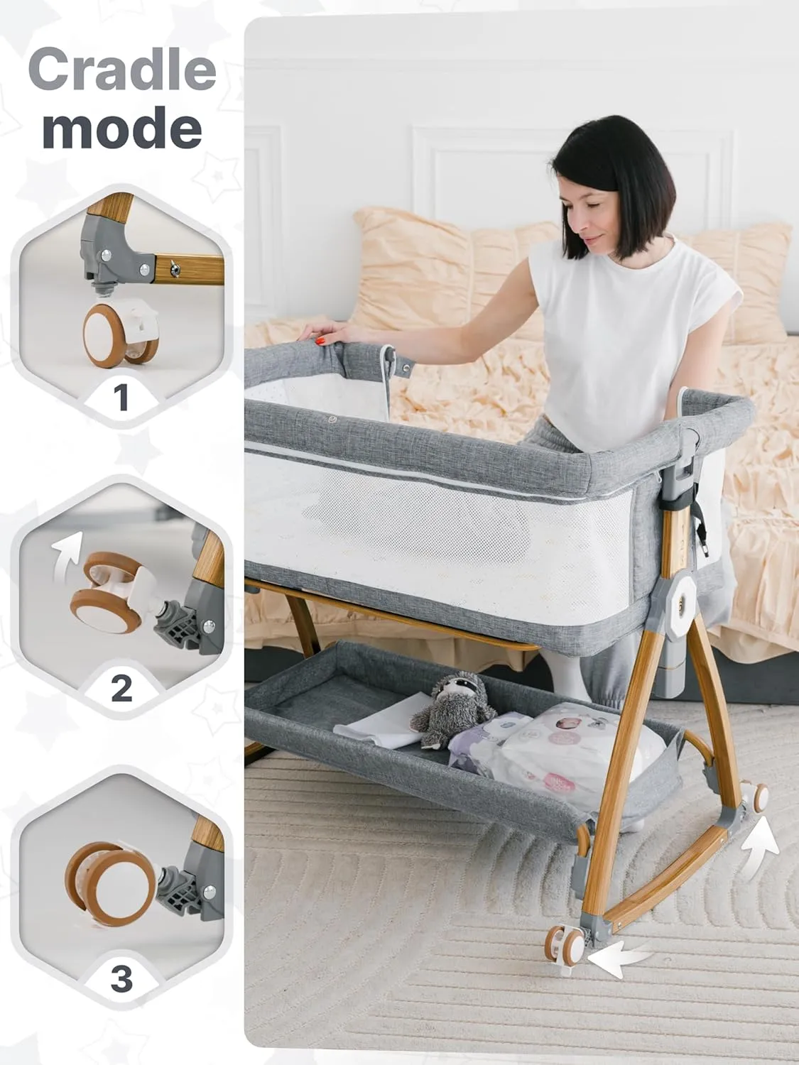 Baby Rocking Bassinet Bedside Sleeper - All Mesh Portable Bedside Crib for Safe Co-Sleeping, Storage Basket and Wheels, Adjustable Height, Includes Travel Bag, Mosquito Net (Wood Grain, Grey)