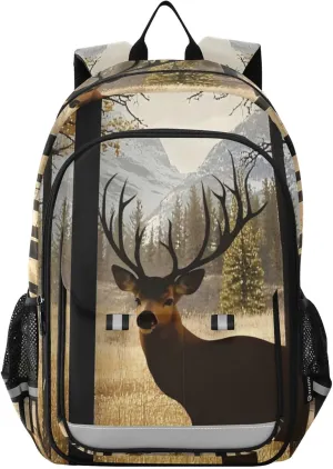 Backpack Elk Forest Landscape for Women Men Travel Laptop Daypack Shoulder Bag Book Bag Daypack with Reflective Strip 12.9” × 17.7”