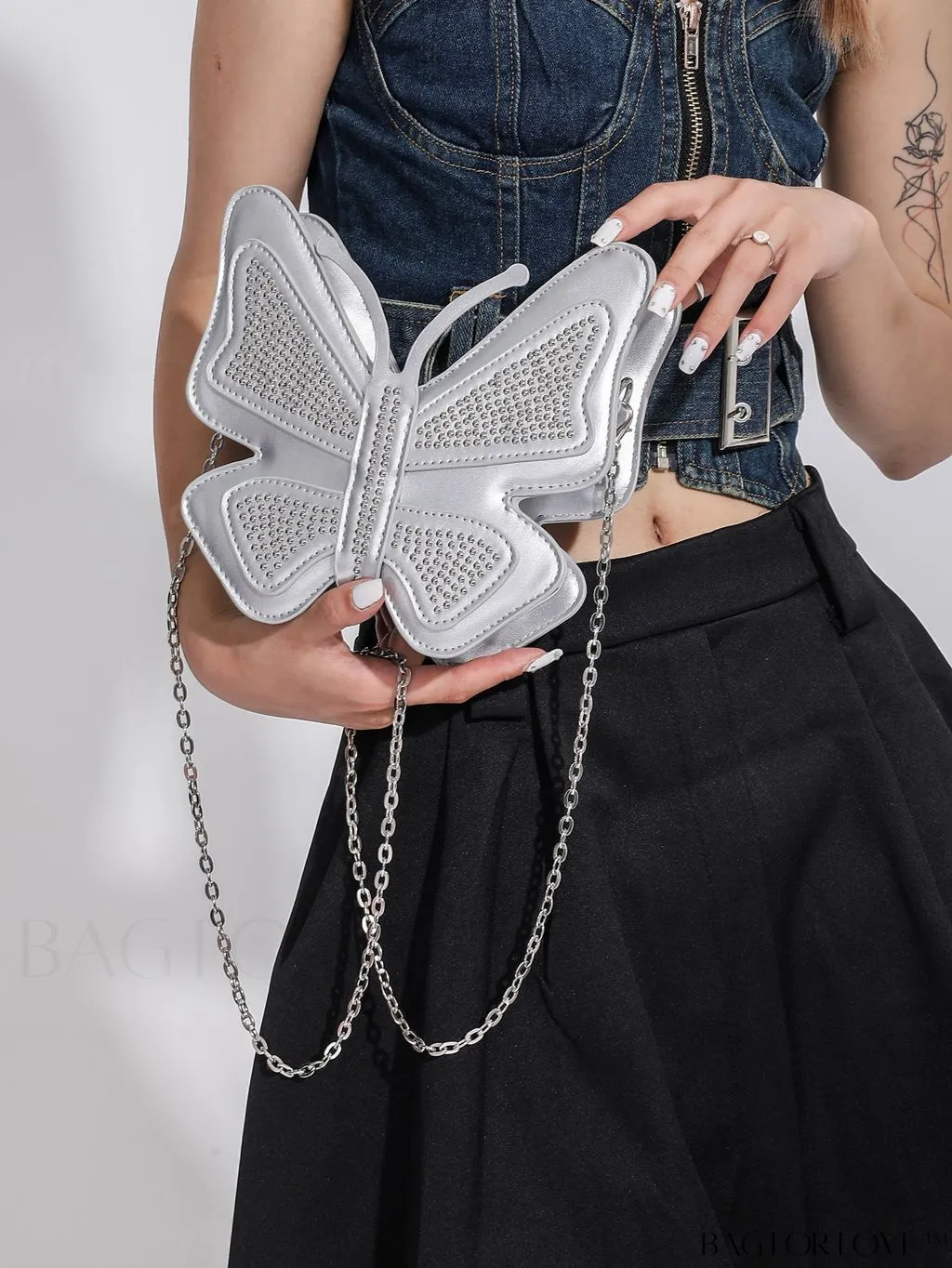 BagForLove - Rivet-Embellished Butterfly PU Handbag: Elegant and Chic