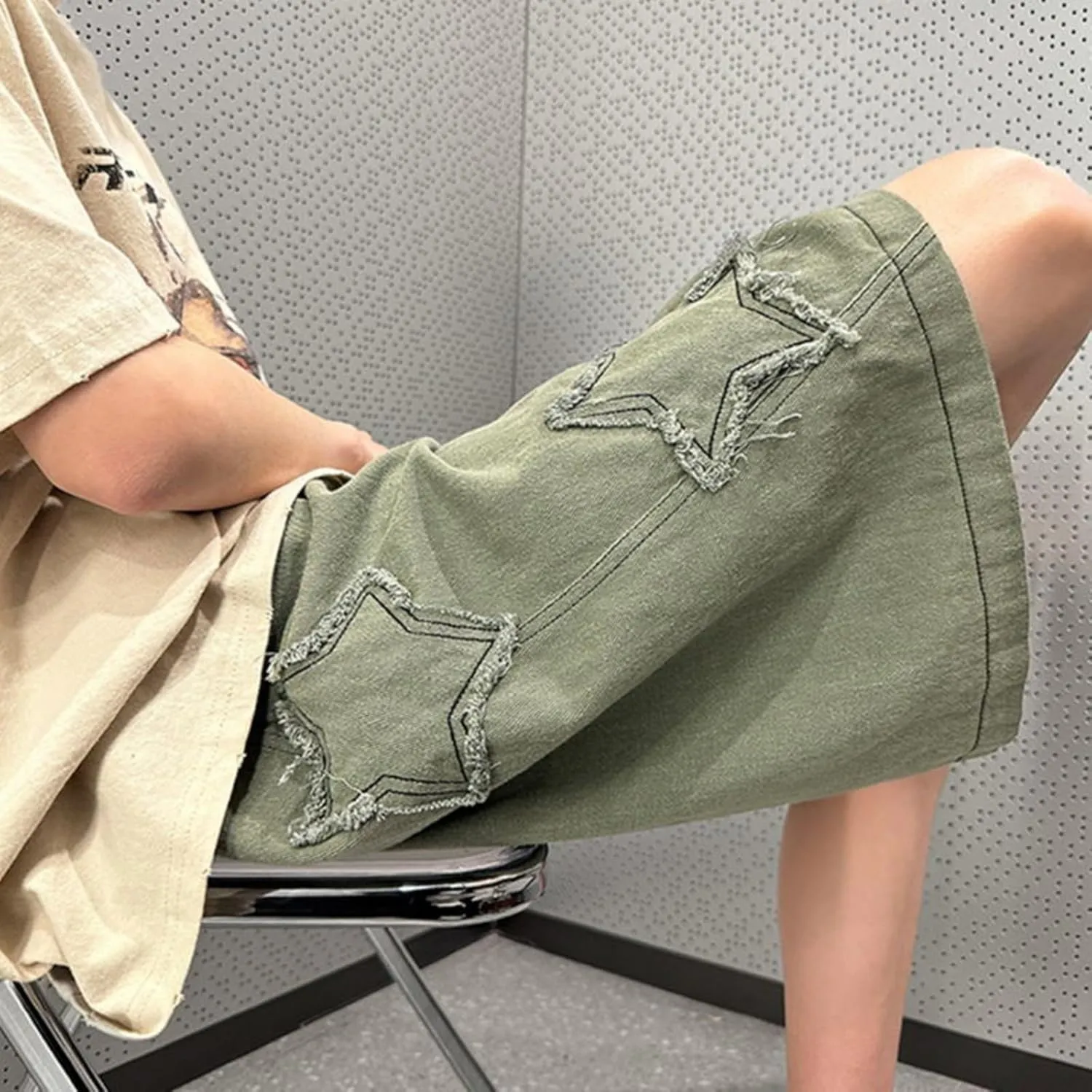 Baggy Jorts Y2K - Unisex Wash Star Jean Shorts Men Mid Thigh Denim Shorts Women, Casual Loose Fit Streetwear