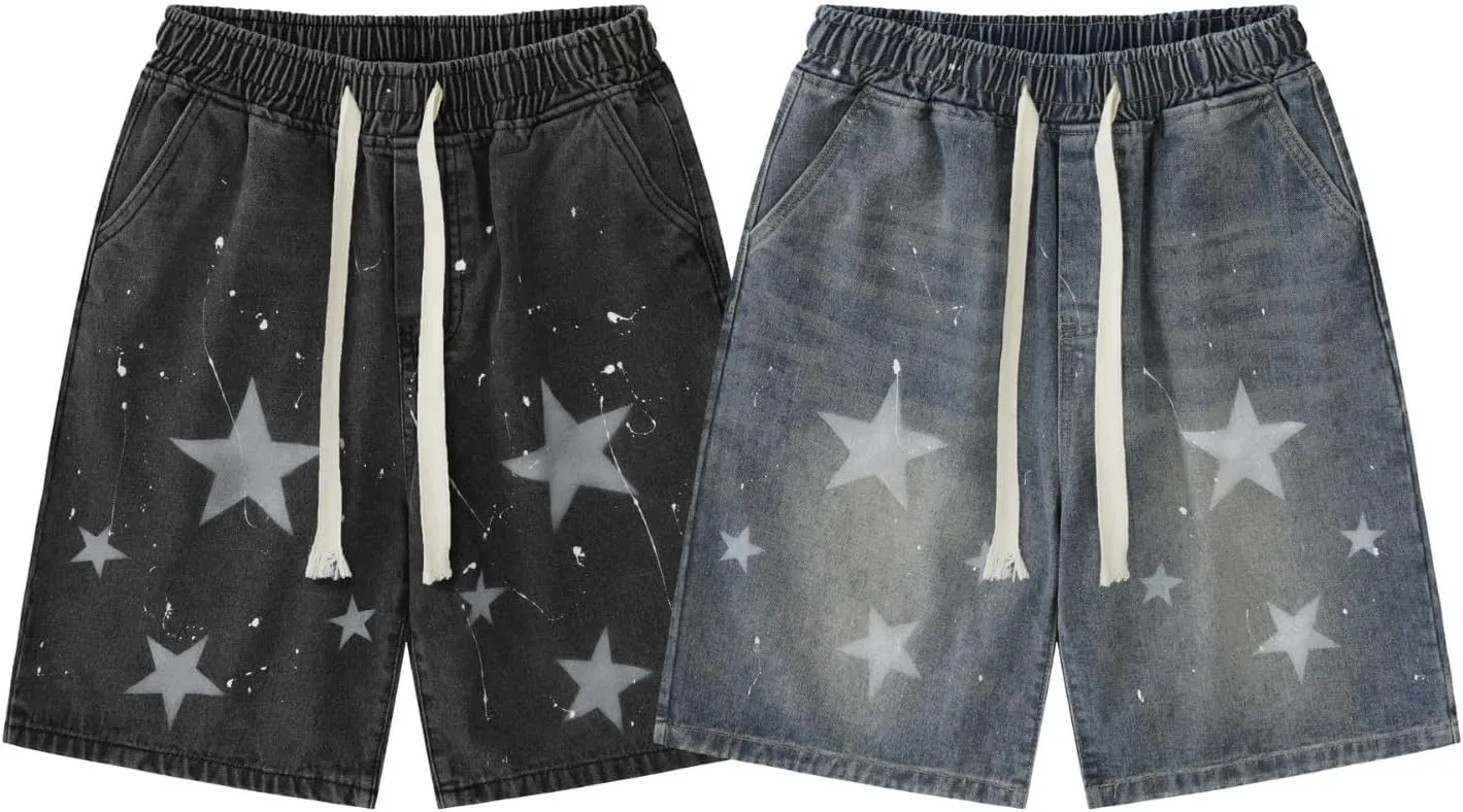 Baggy Jorts Y2K - Unisex Wash Star Jean Shorts Men Mid Thigh Denim Shorts Women, Casual Loose Fit Streetwear
