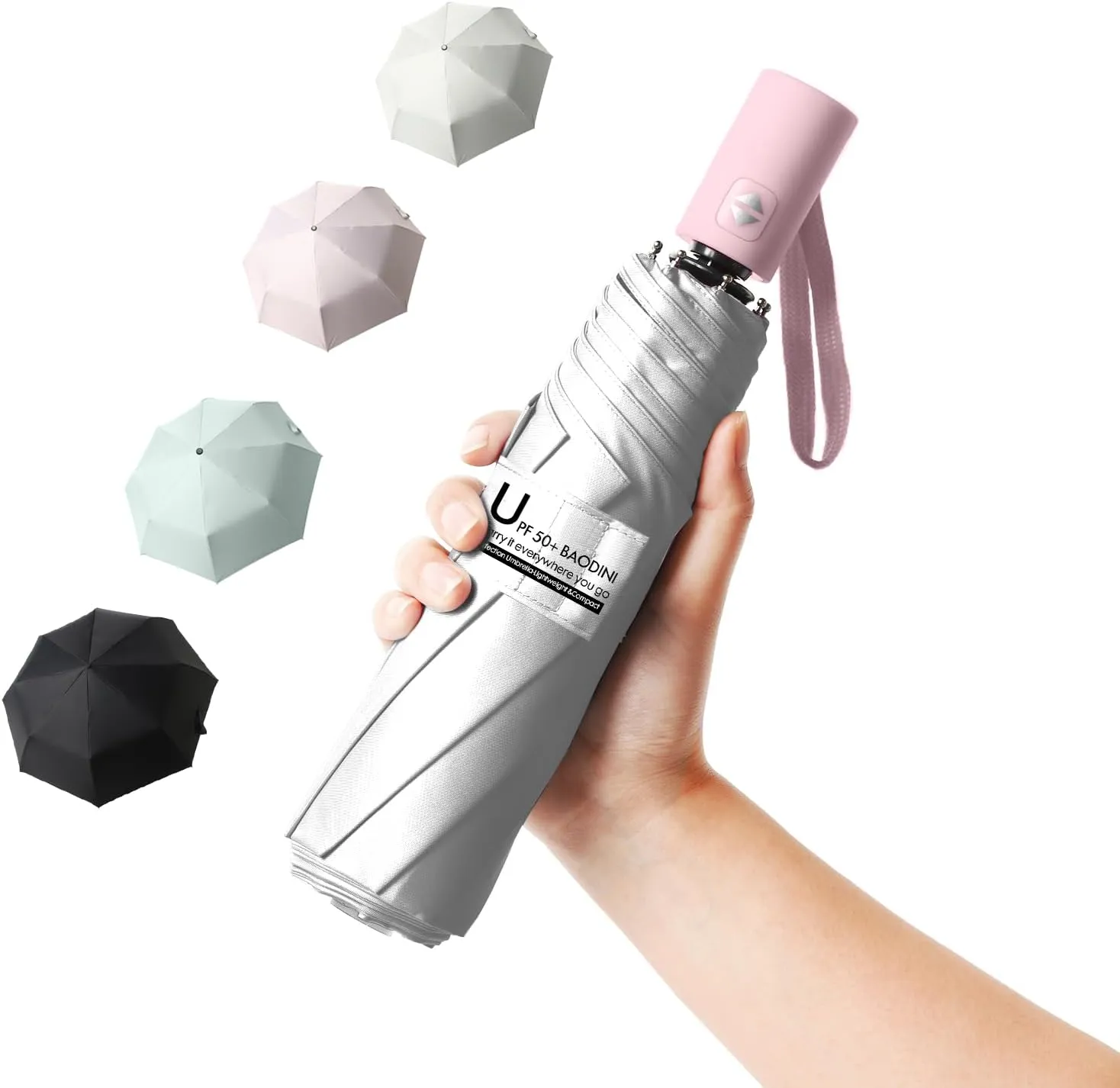 BAODINI Small UV Protection Travel Umbrella Compact for Rain and Sun UPF 50  Windproof Portable 42 inch Umbrella for Women and Men