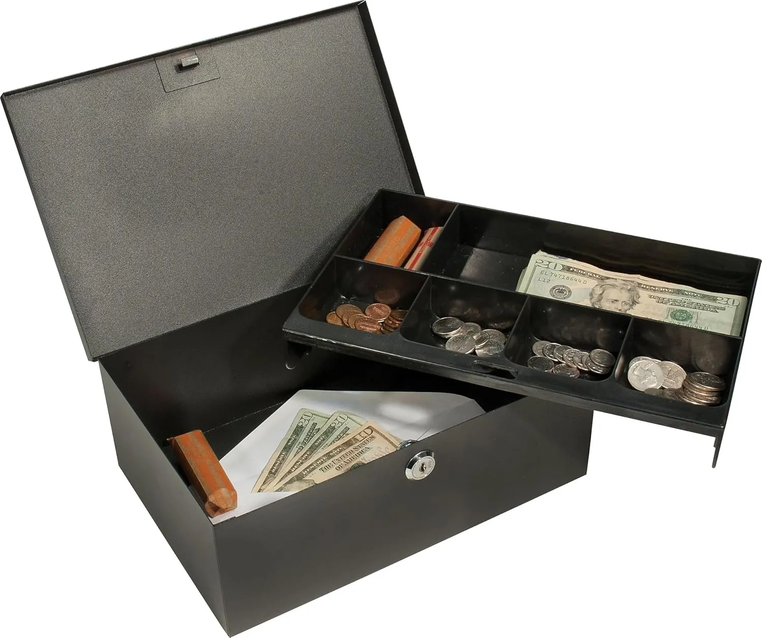 BARSKA 12-Inch Cash Box and 6 Compartment Tray with Key Lock , Black