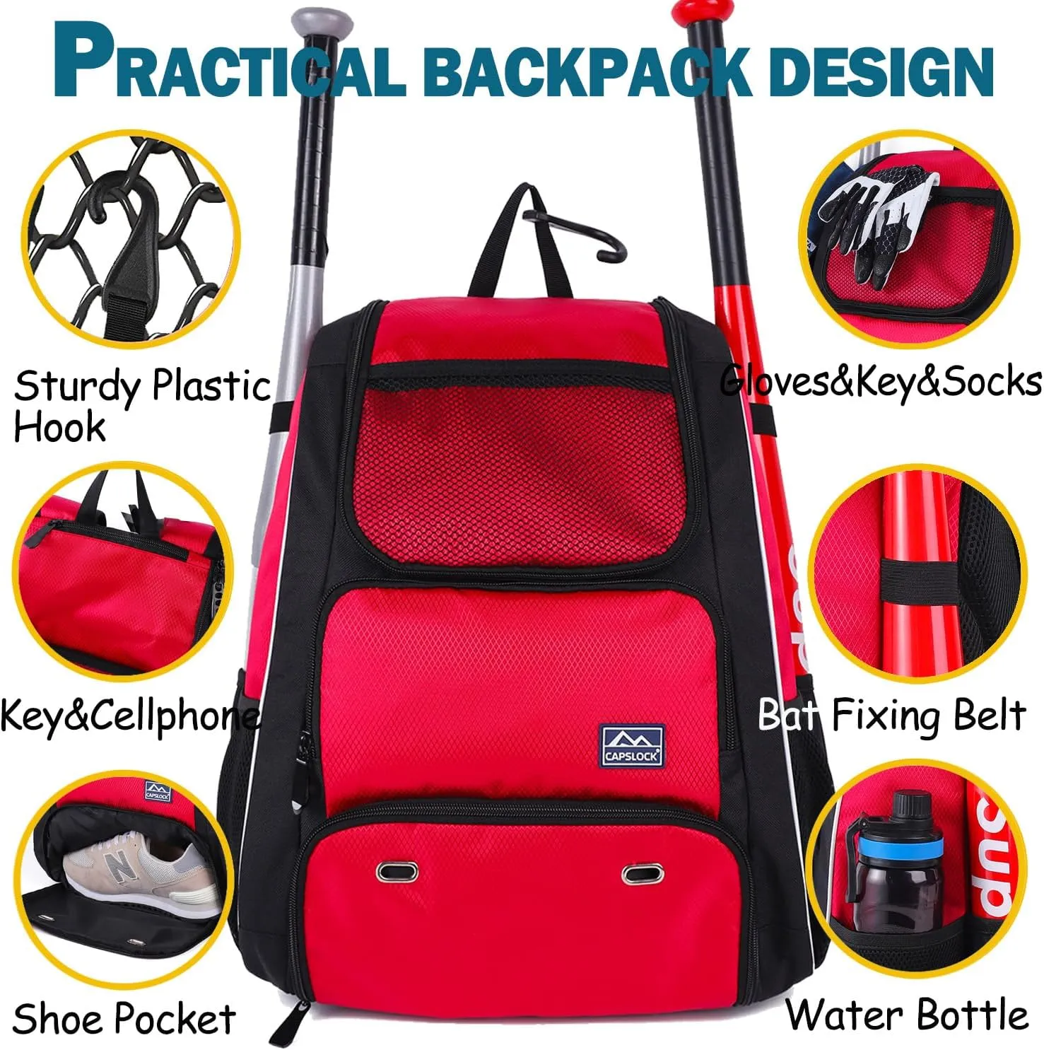 Baseball Bat Bag Backpack,T-Ball & Softball Bat Bag with Shoes Compartment for Youth and Adult, Lightweight Baseball Bag with Fence Hook Hold Bat, Batting Mitten, Helmet, Caps, Teeball Gear