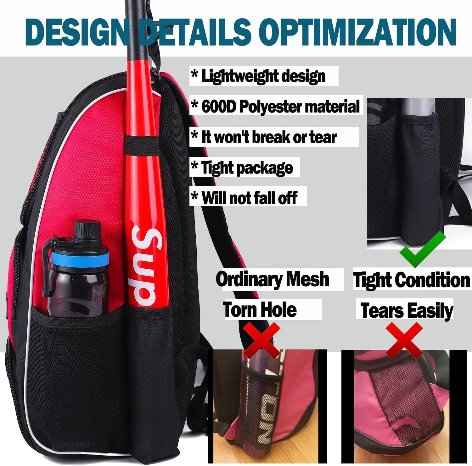 Baseball Bat Bag Backpack,T-Ball & Softball Bat Bag with Shoes Compartment for Youth and Adult, Lightweight Baseball Bag with Fence Hook Hold Bat, Batting Mitten, Helmet, Caps, Teeball Gear