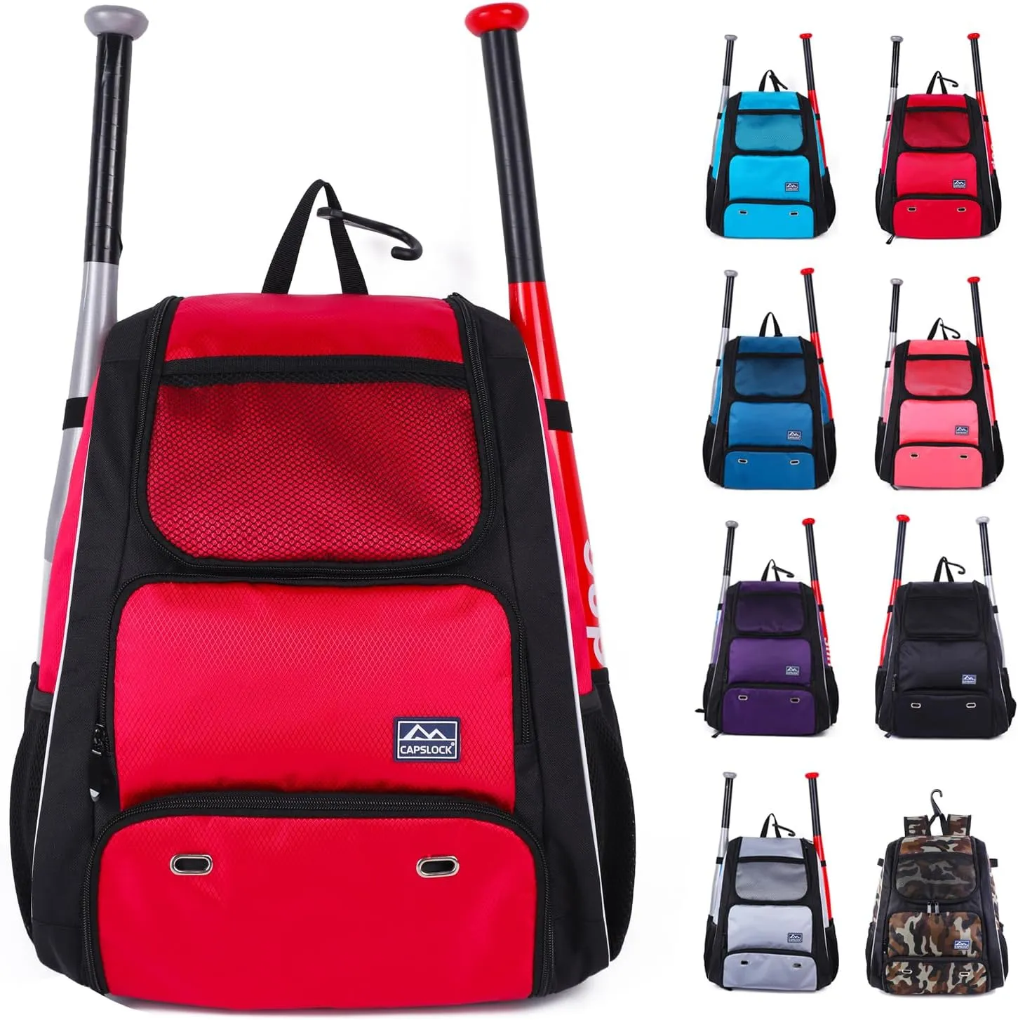 Baseball Bat Bag Backpack,T-Ball & Softball Bat Bag with Shoes Compartment for Youth and Adult, Lightweight Baseball Bag with Fence Hook Hold Bat, Batting Mitten, Helmet, Caps, Teeball Gear
