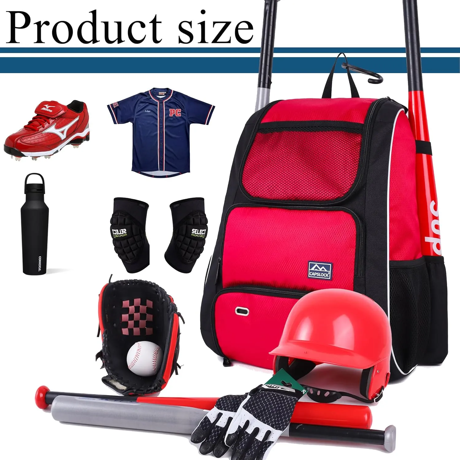 Baseball Bat Bag Backpack,T-Ball & Softball Bat Bag with Shoes Compartment for Youth and Adult, Lightweight Baseball Bag with Fence Hook Hold Bat, Batting Mitten, Helmet, Caps, Teeball Gear