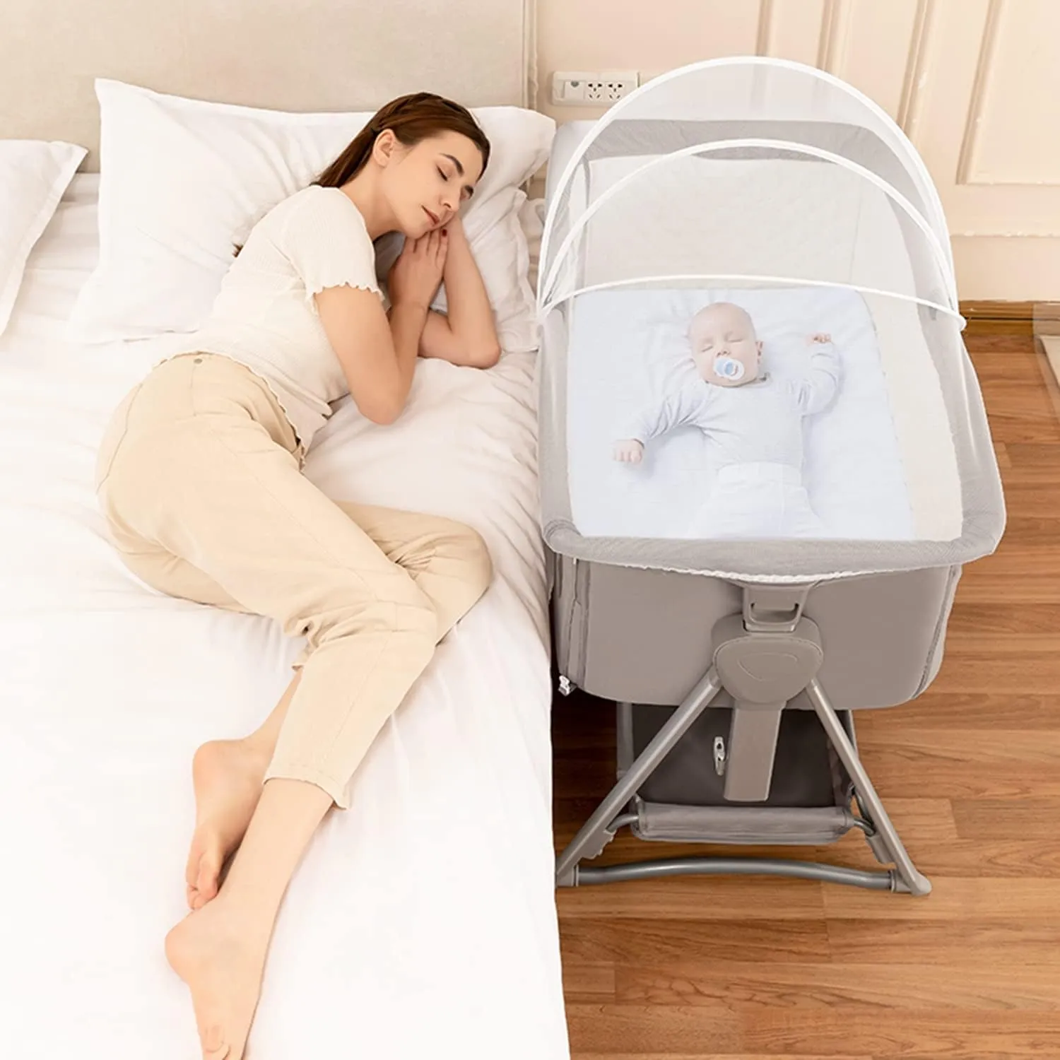 Bassinet, Bedside Sleeper for Baby, Rocking Cribs Newborn Infant Sleeping Bed, Portable Foldable Baby Travel Bed with Mattress, Height Adjust, Suit for 0-6M Bassinet (Khaki)