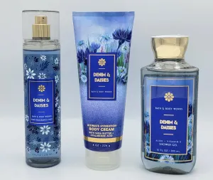 Bath and Body Denim & Daisies 3 pc bundle- Fragrance Mist 8 oz   Body Cream 8 oz   Shower Gel 10 oz
