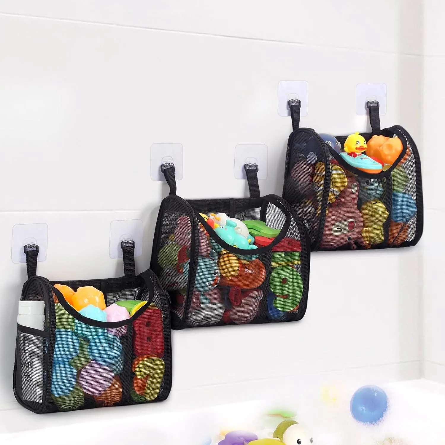 Bathtub Toy Storage, 6 Compartments Detachable Bath Toy Holder for Bathtub, Large Bath Toy Organizer, Quickly Dry Bath Toy Net Basket, Mesh Shower Caddy for Sorting Toys Toiletry - Black