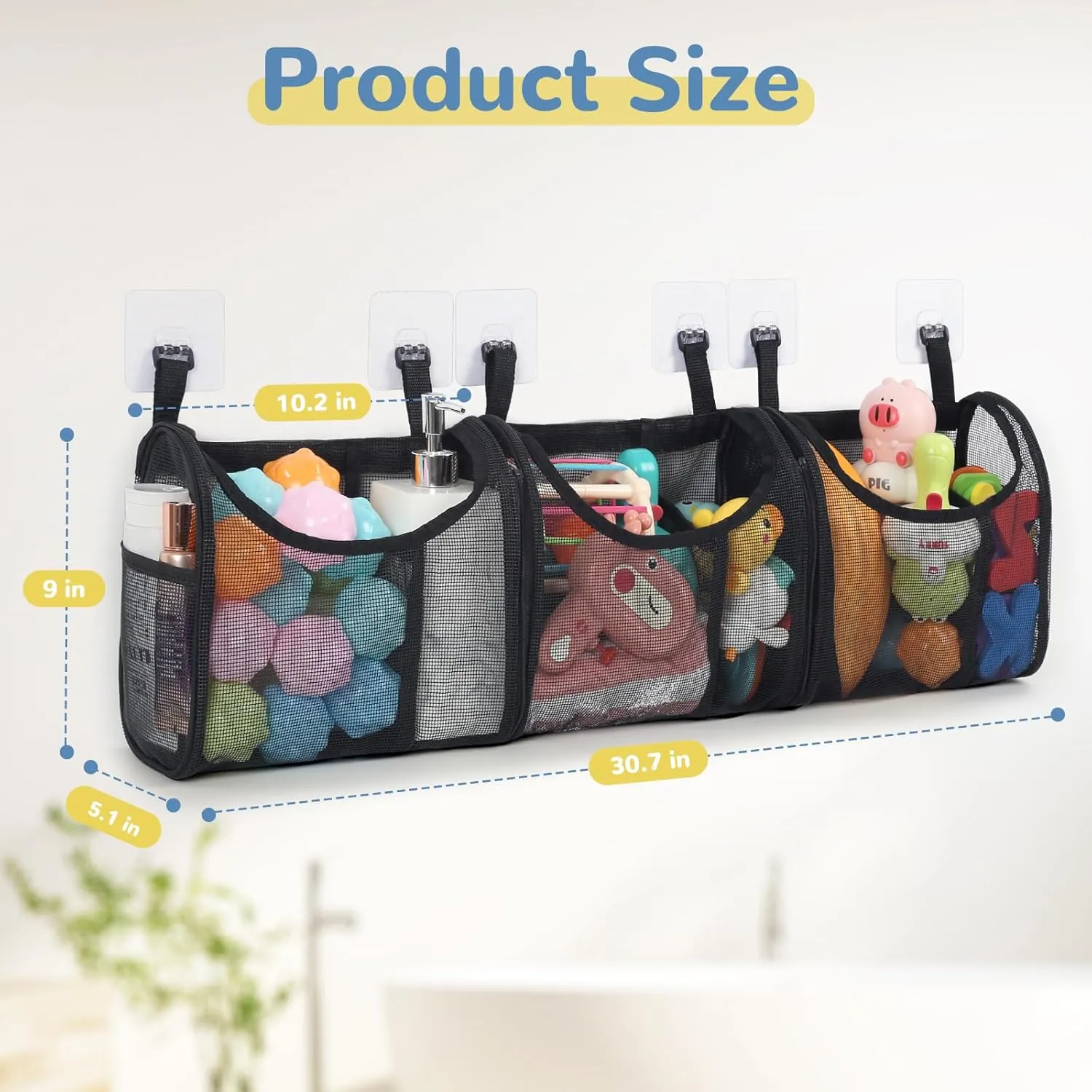 Bathtub Toy Storage, 6 Compartments Detachable Bath Toy Holder for Bathtub, Large Bath Toy Organizer, Quickly Dry Bath Toy Net Basket, Mesh Shower Caddy for Sorting Toys Toiletry - Black