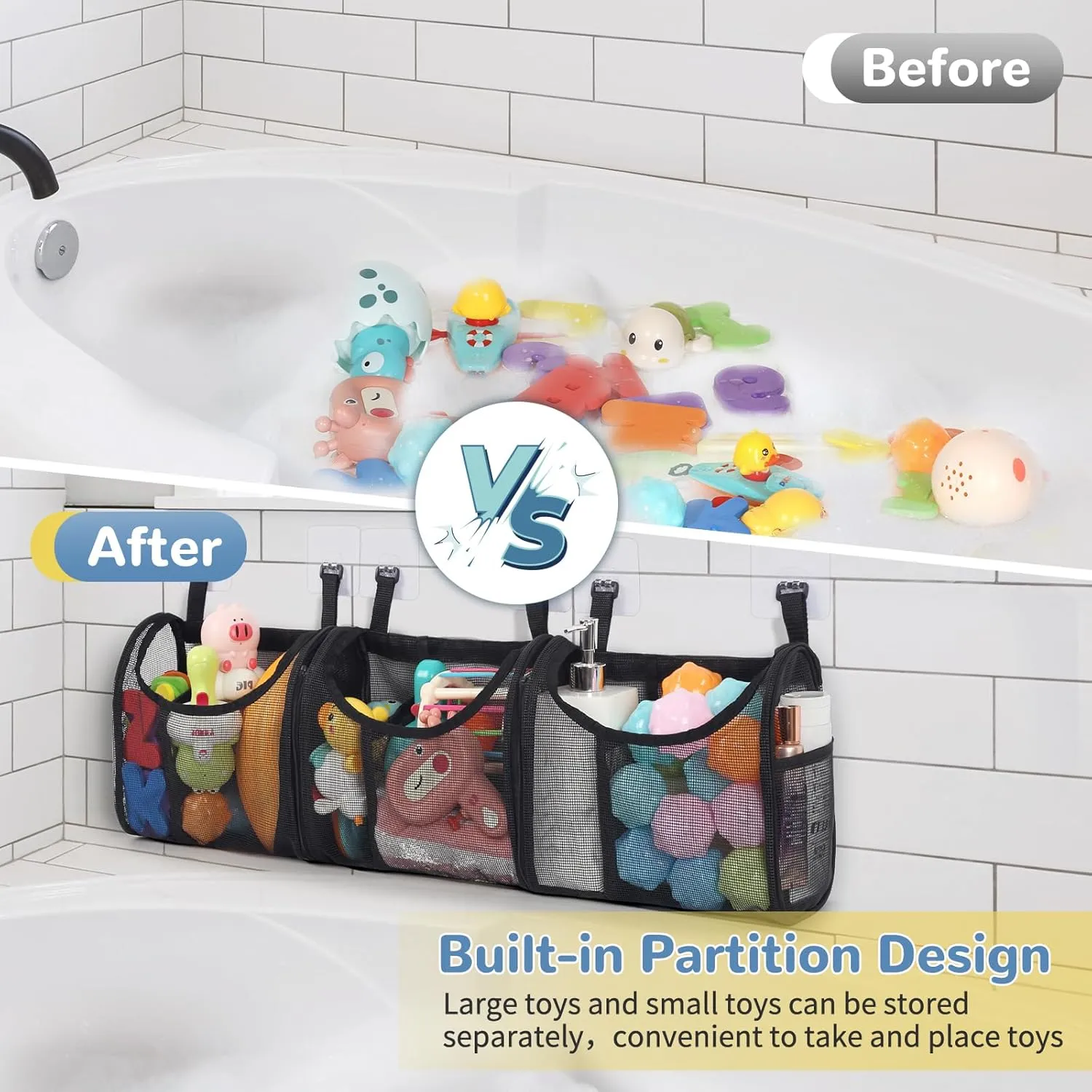 Bathtub Toy Storage, 6 Compartments Detachable Bath Toy Holder for Bathtub, Large Bath Toy Organizer, Quickly Dry Bath Toy Net Basket, Mesh Shower Caddy for Sorting Toys Toiletry - Black