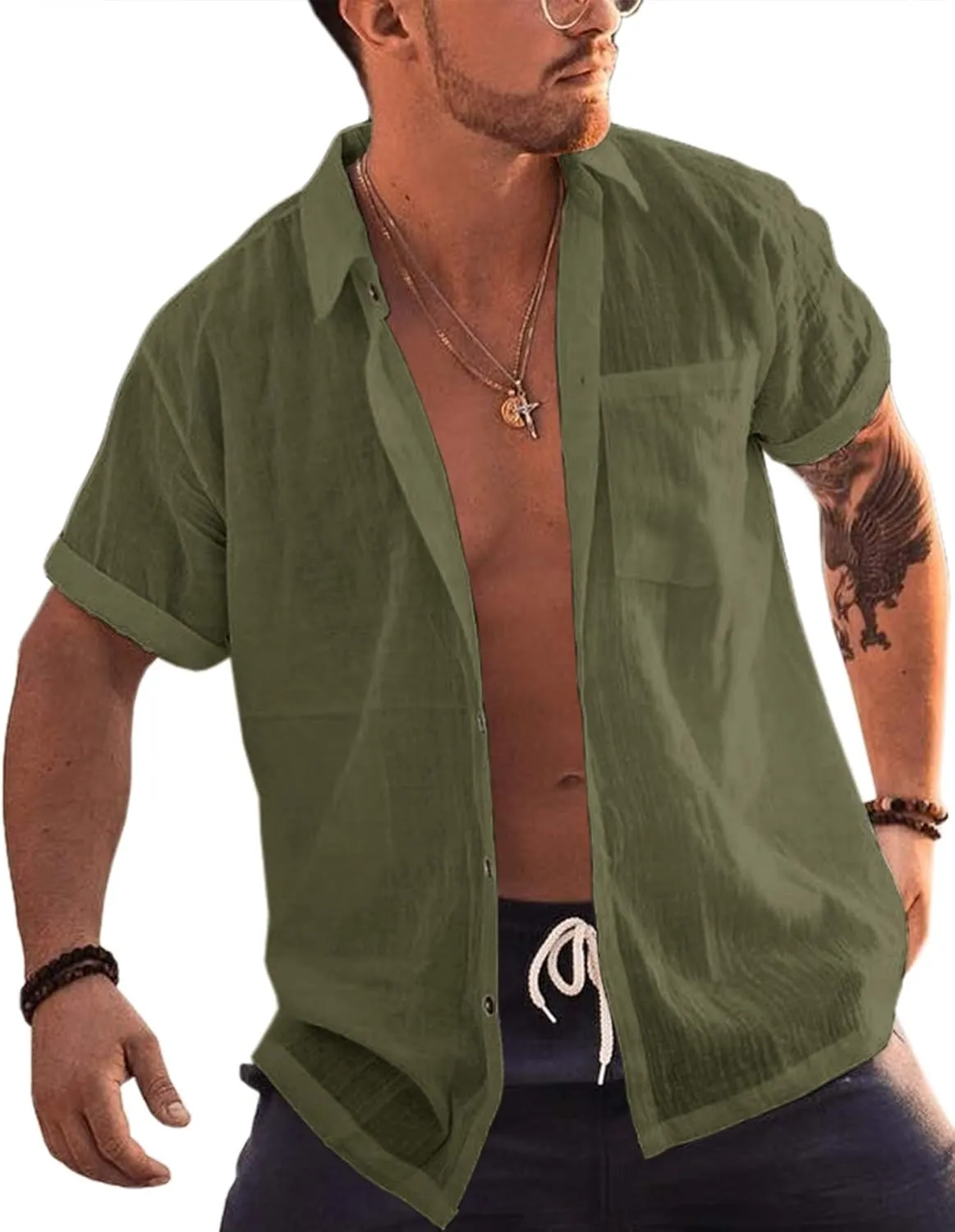 Bbalizko Mens Short Sleeve Button Up Shirts Linen Cotton Beach Tops Spread Collar Plain Summer T Shirt with Pocket