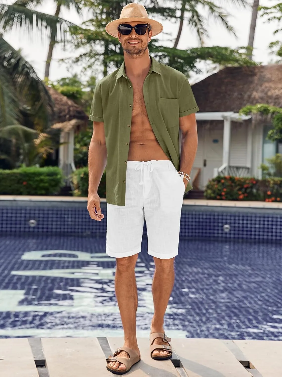 Bbalizko Mens Short Sleeve Button Up Shirts Linen Cotton Beach Tops Spread Collar Plain Summer T Shirt with Pocket