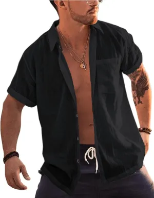 Bbalizko Mens Short Sleeve Button Up Shirts Linen Cotton Beach Tops Spread Collar Plain Summer T Shirt with Pocket