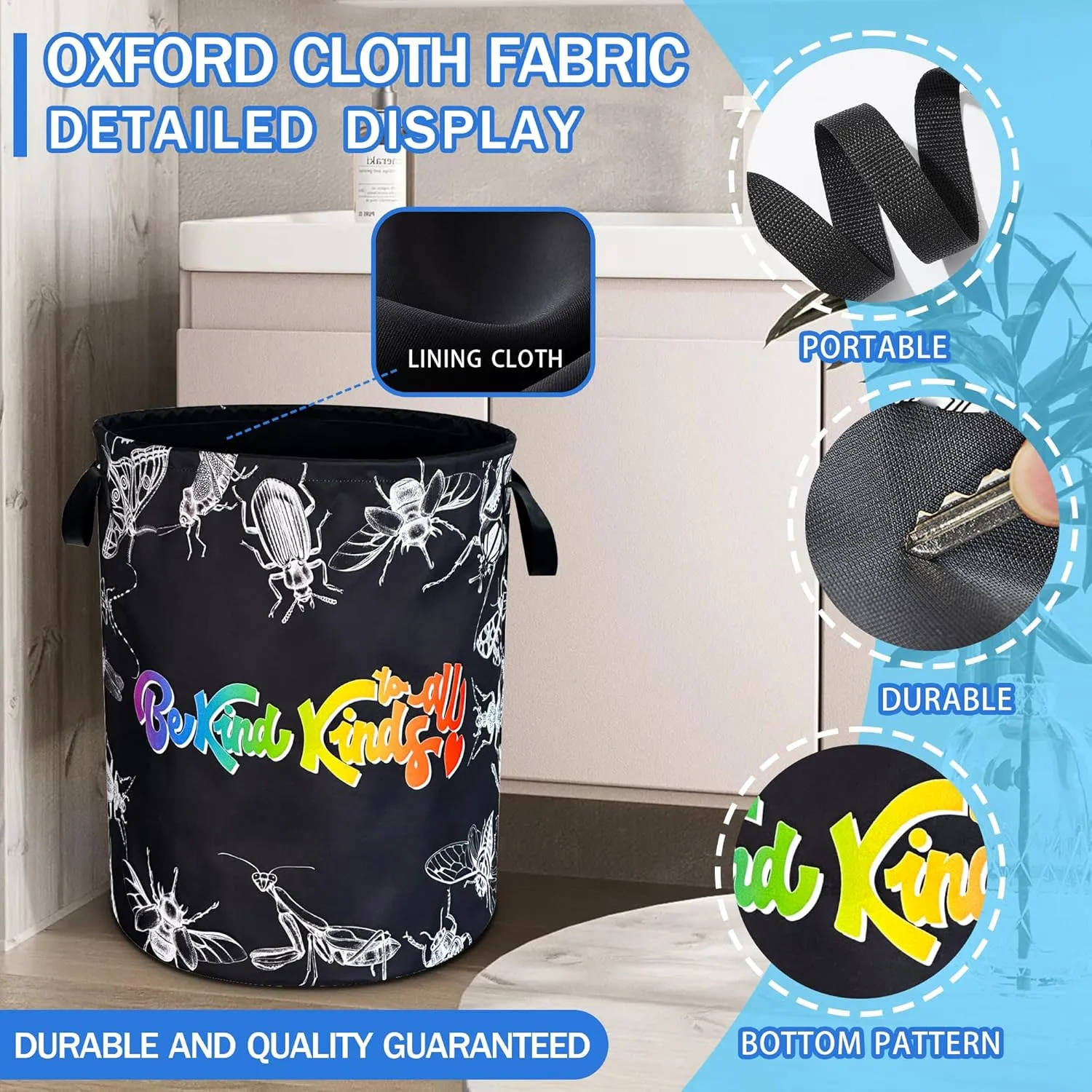 Be Kind To All Kinds Laundry Basket Moths Crickets Animal Oxford Cloth Laundry Hamper With Handle Foldable Portable Clothes Storage Basket 18.9 X 16.5 In Storage Bag For Laundry Room/Bathroom/Bedroom