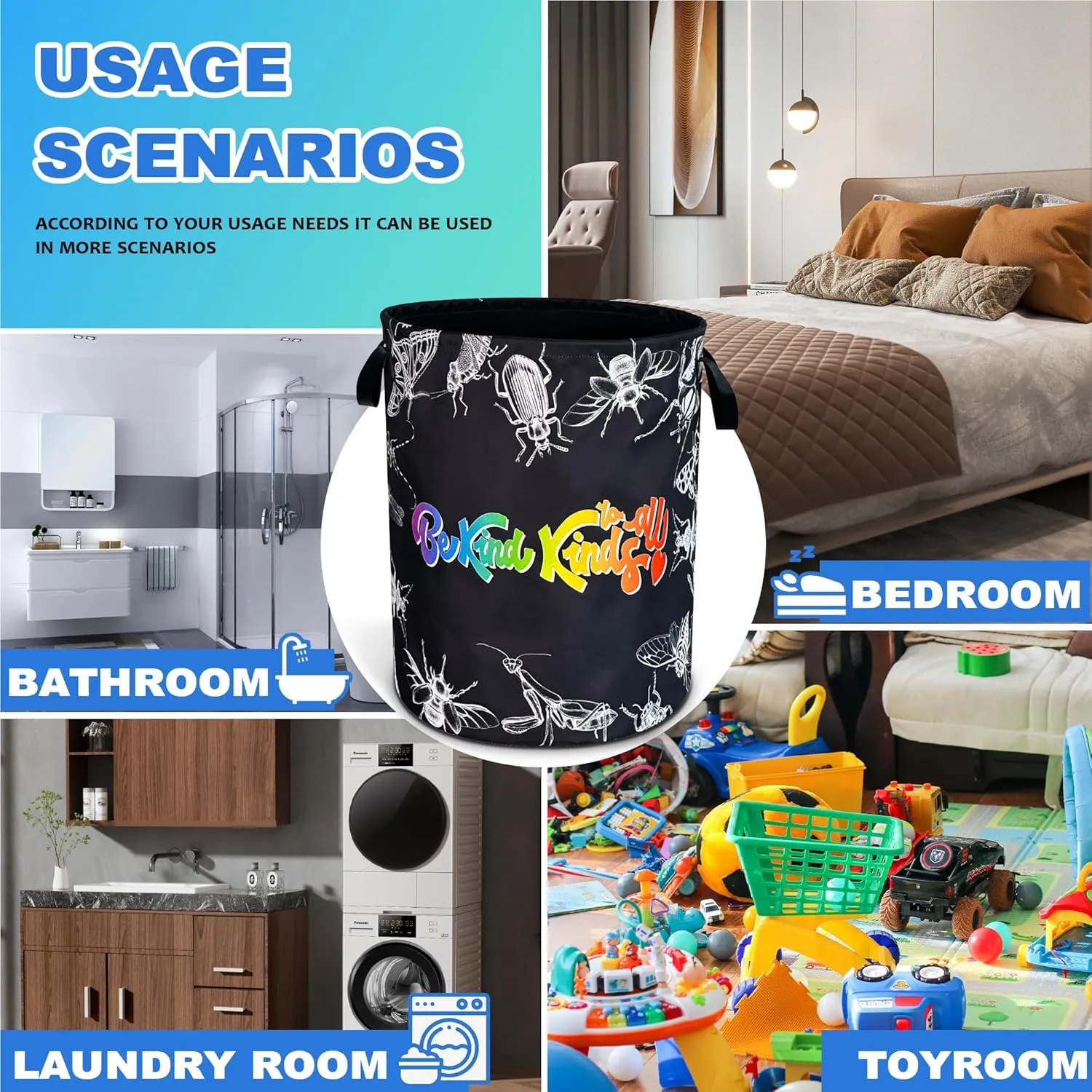 Be Kind To All Kinds Laundry Basket Moths Crickets Animal Oxford Cloth Laundry Hamper With Handle Foldable Portable Clothes Storage Basket 18.9 X 16.5 In Storage Bag For Laundry Room/Bathroom/Bedroom