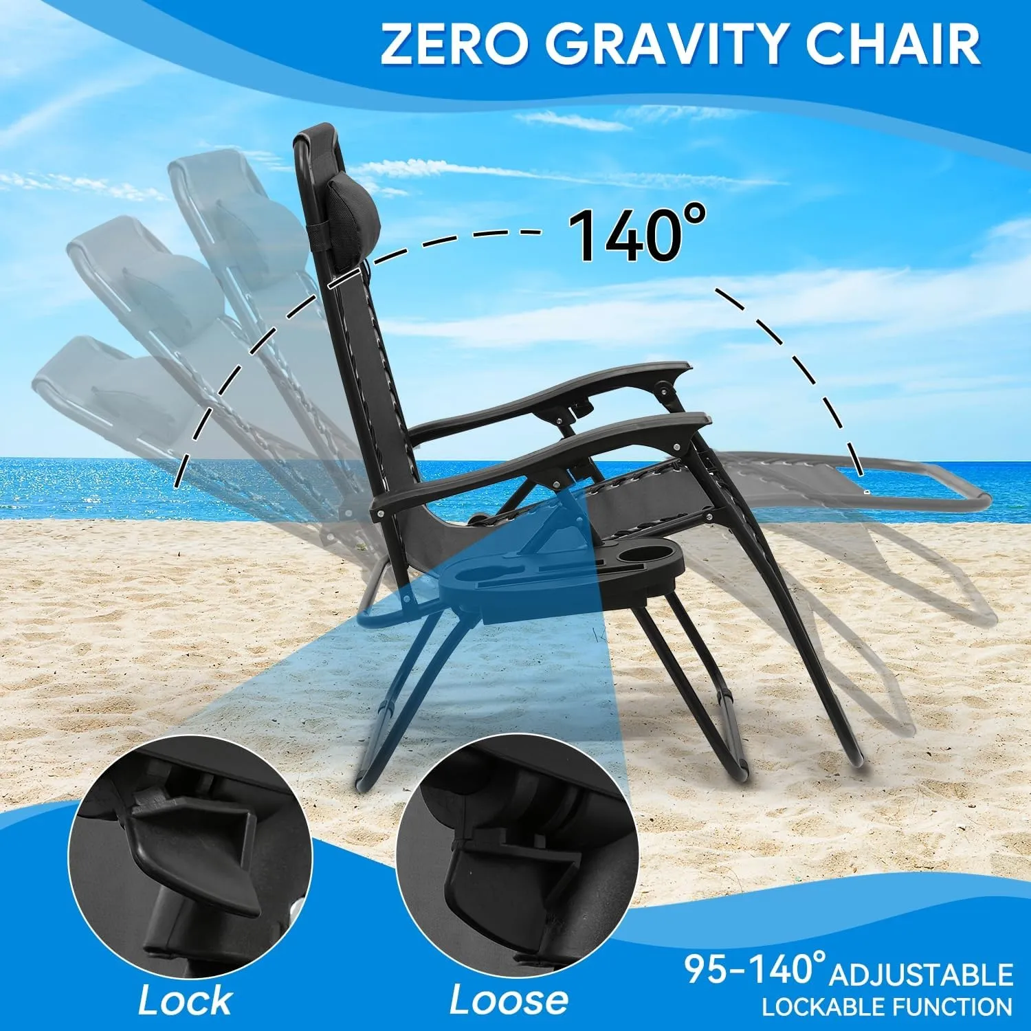 Beach Chairs Lightweight Zero Gravity Chair - Foldable Outdoor Lounger, 330lbs Capacity, Portable Beach Recliner, CAAP-BCC-C1P-BK