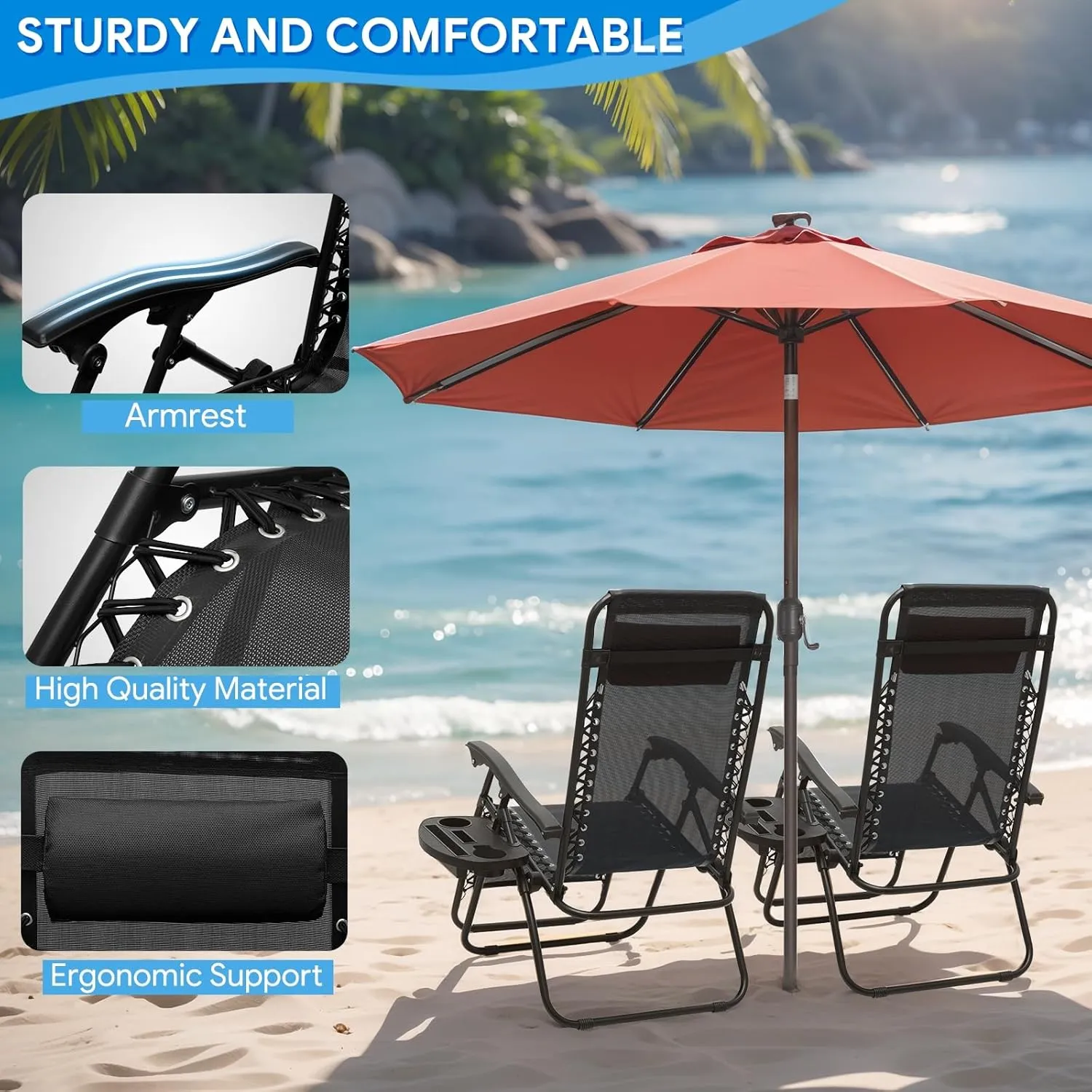 Beach Chairs Lightweight Zero Gravity Chair - Foldable Outdoor Lounger, 330lbs Capacity, Portable Beach Recliner, CAAP-BCC-C1P-BK