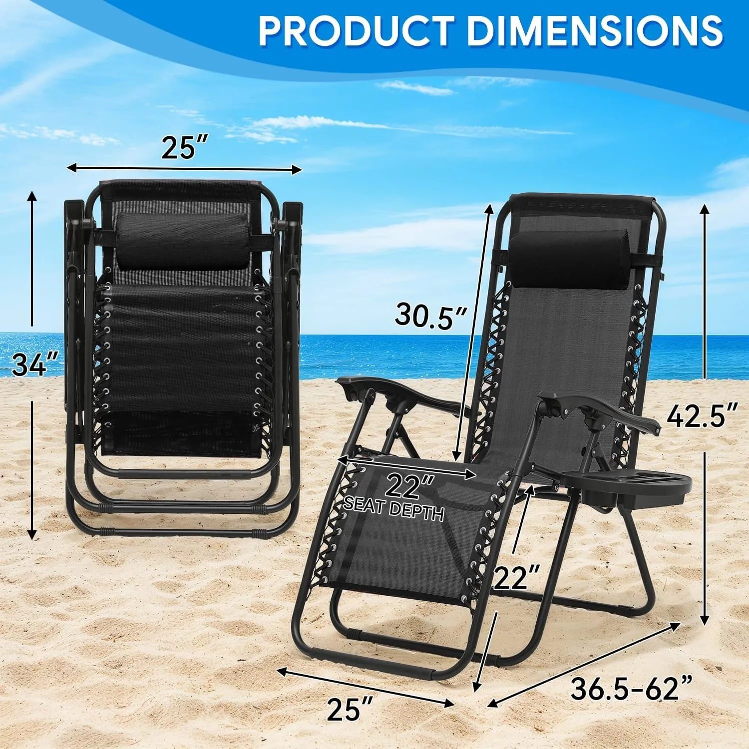 Beach Chairs Lightweight Zero Gravity Chair - Foldable Outdoor Lounger, 330lbs Capacity, Portable Beach Recliner, CAAP-BCC-C1P-BK