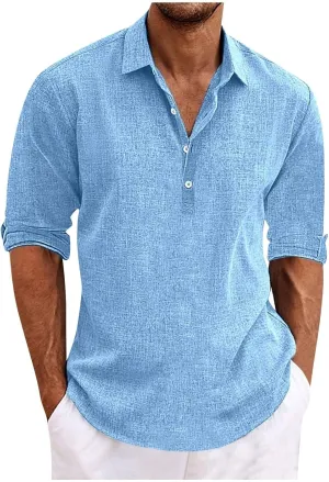 Beach Shirts for Men Cotton Blend Shirt Solid Long Sleeve Button Down Shirt Casual Blouse Summer Hawaiian Shirts