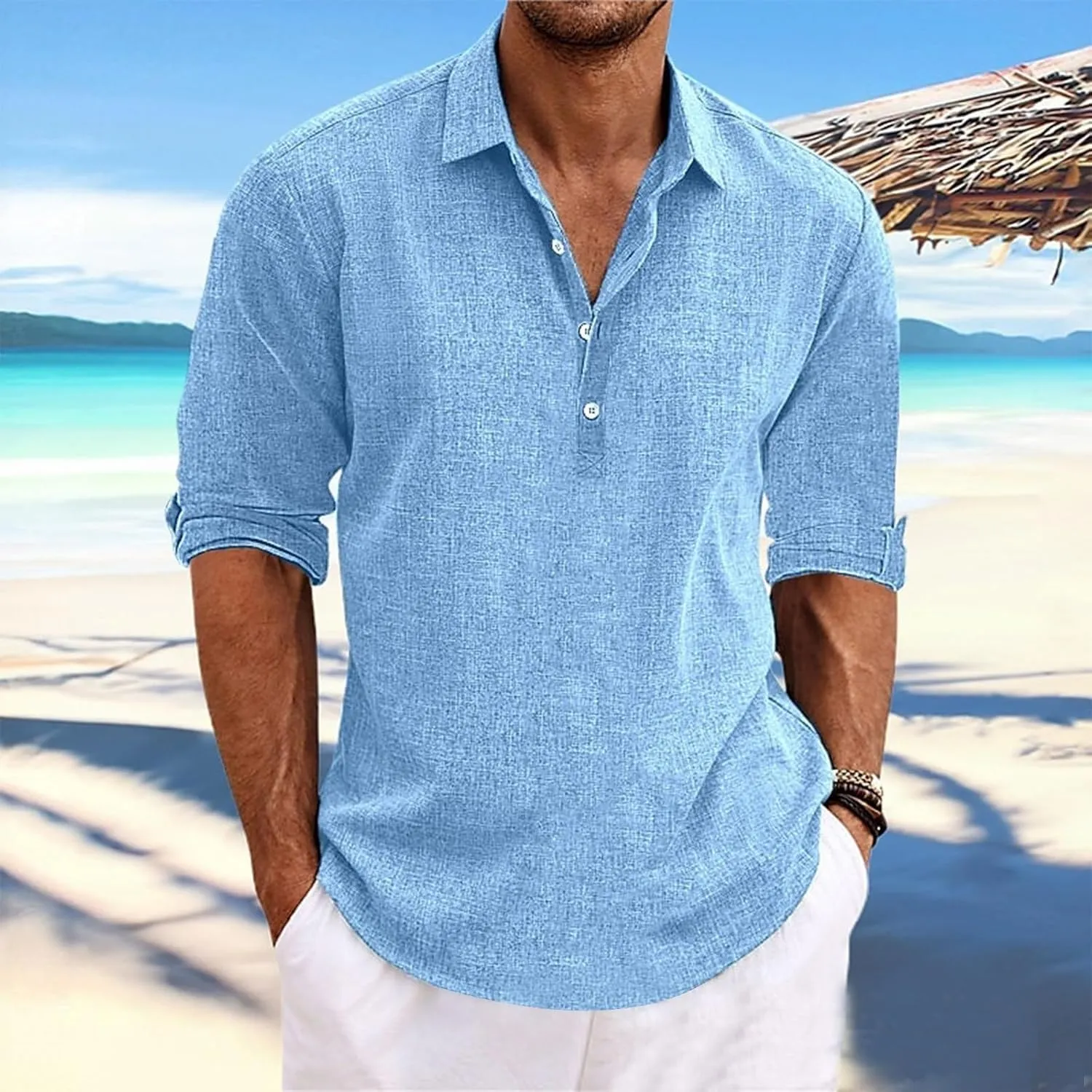 Beach Shirts for Men Cotton Blend Shirt Solid Long Sleeve Button Down Shirt Casual Blouse Summer Hawaiian Shirts