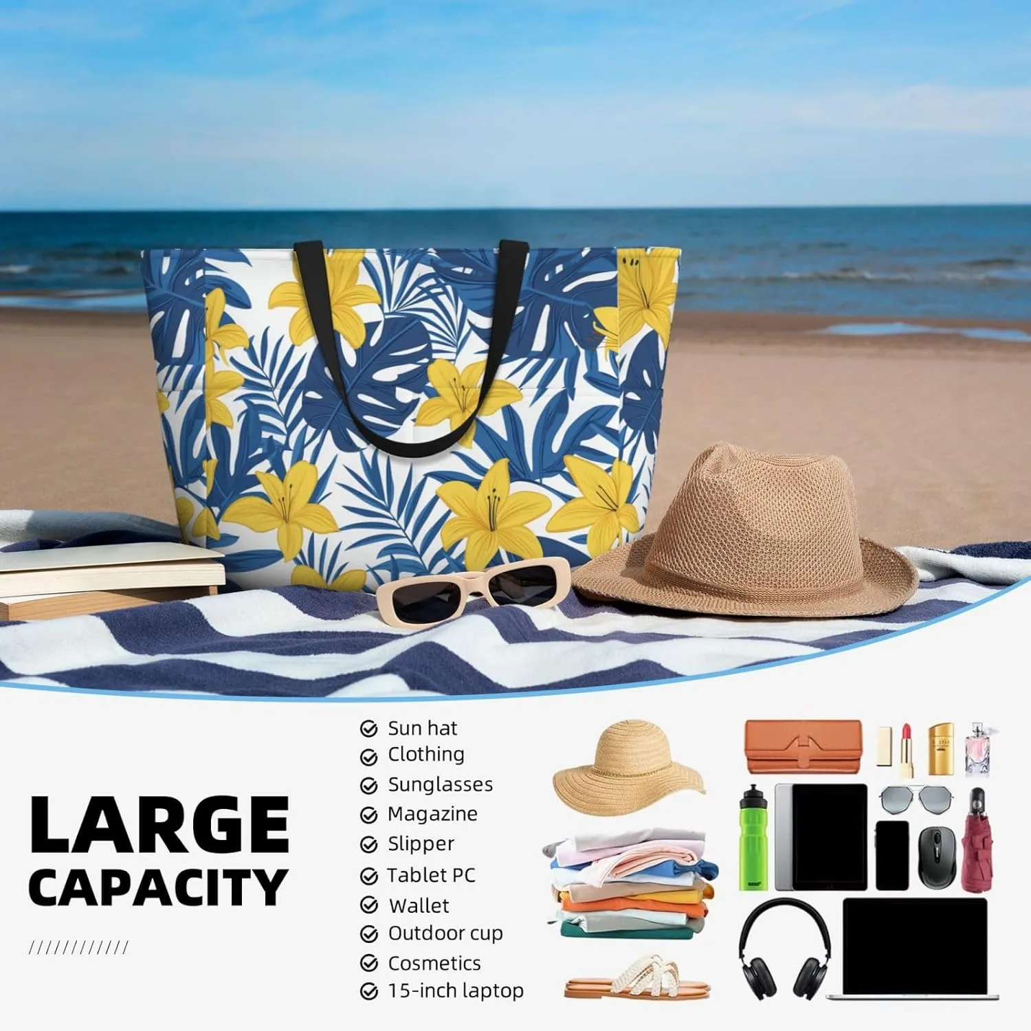 Beach Tote Bag for Women Beach Bag Waterproof and Sandproof Tote Bag with Wet Bag Large Travel Bag for Weekend Travel
