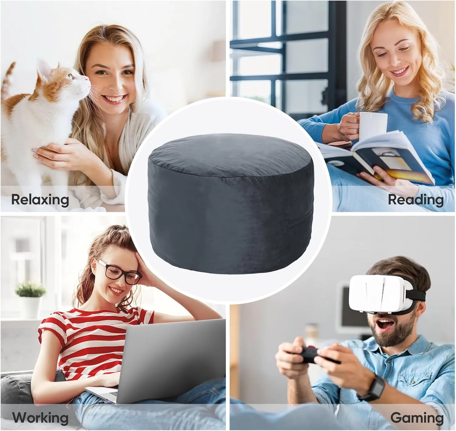 Bean Bag Chair 4Ft, Memory Foam Filled, Removable Velvet Cover, Giant Bean Bag Chairs for Adults and Teens, Round Sofa Chair for Living Room, Bedroom and Gaming Room, Grey