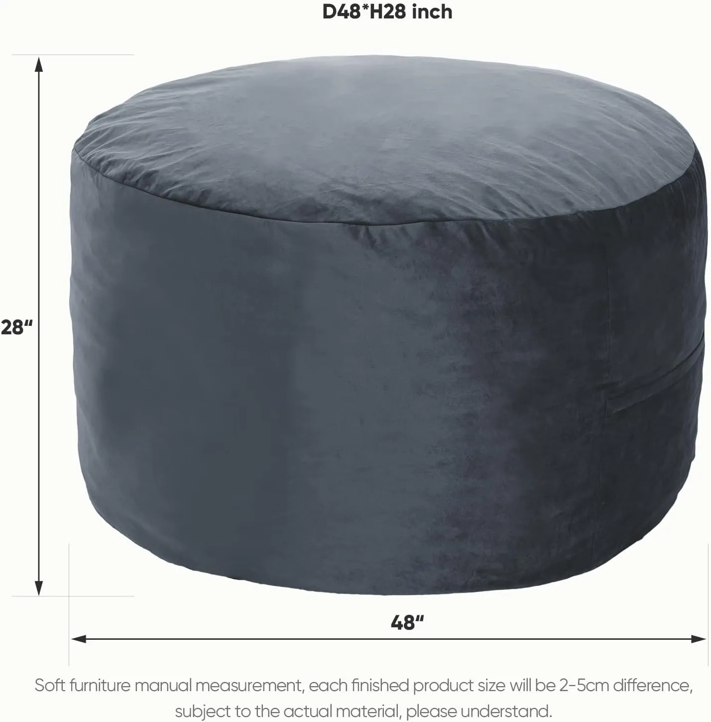 Bean Bag Chair 4Ft, Memory Foam Filled, Removable Velvet Cover, Giant Bean Bag Chairs for Adults and Teens, Round Sofa Chair for Living Room, Bedroom and Gaming Room, Grey