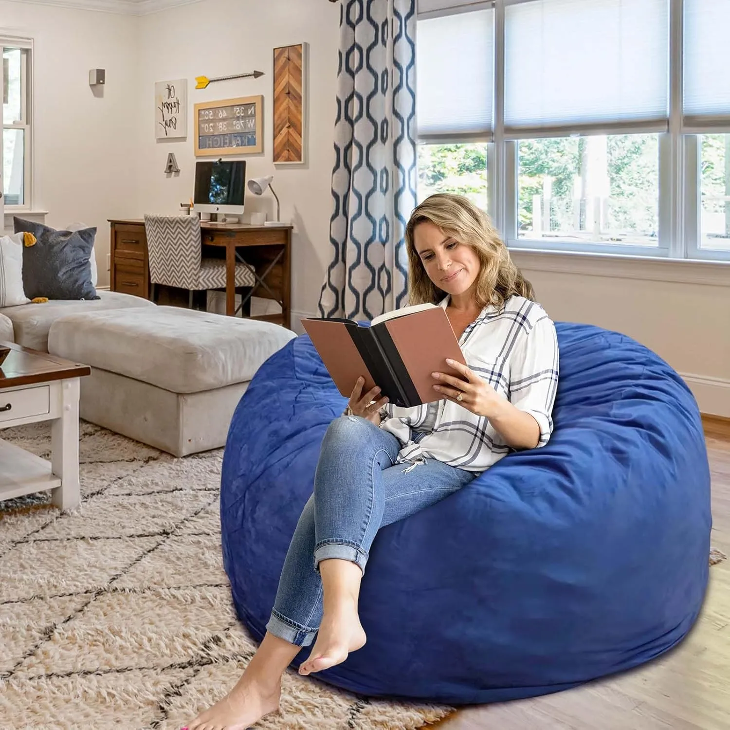 Bean Bag Chair 4Ft, Memory Foam Filled, Removable Velvet Cover, Giant Bean Bag Chairs for Adults and Teens, Round Sofa Chair for Living Room, Bedroom and Gaming Room, Navy Blue